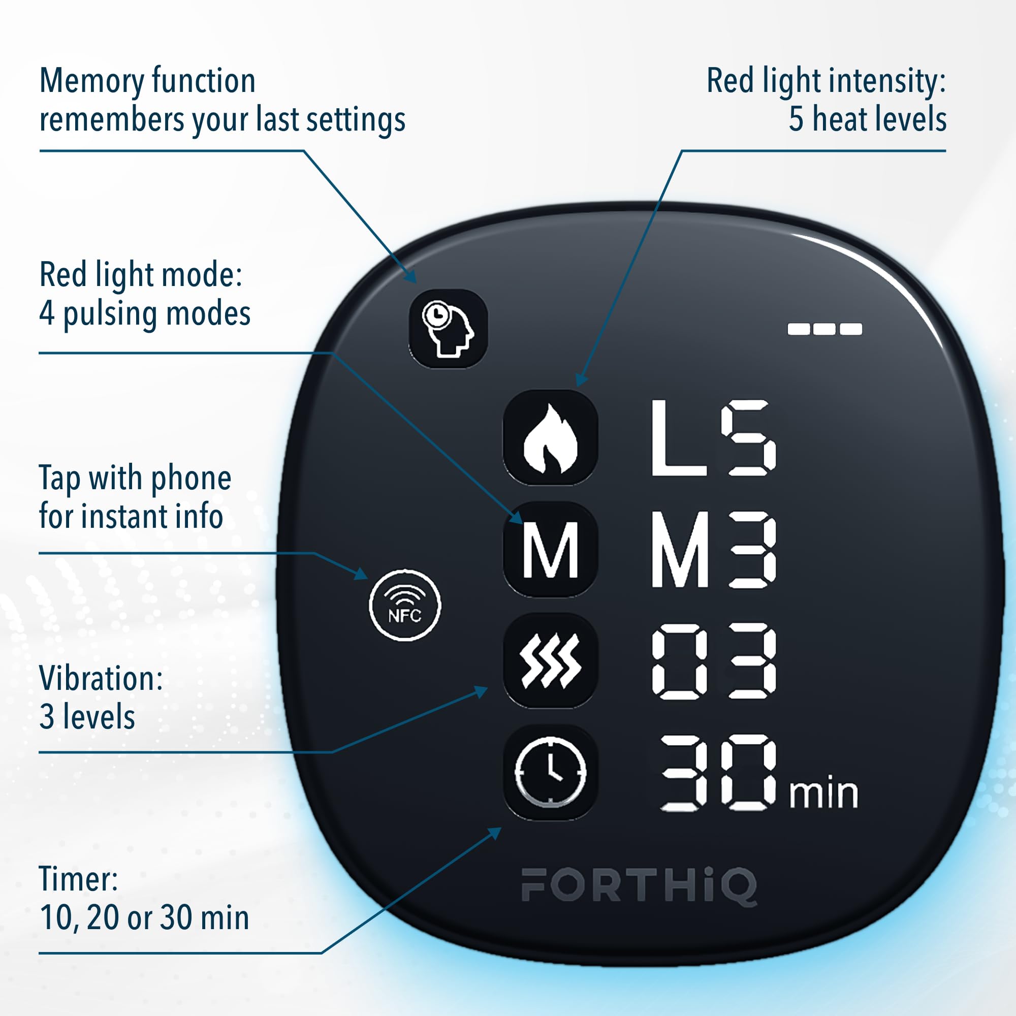 FORTHiQ RED+ Masażer Kolana z Czerwonym Światłem i Wibracjami – 52 diody LED (660 nm i 850 nm), 4 częstotliwości czerwonego światła, 5 poziomów intensywności, funkcja pamięci