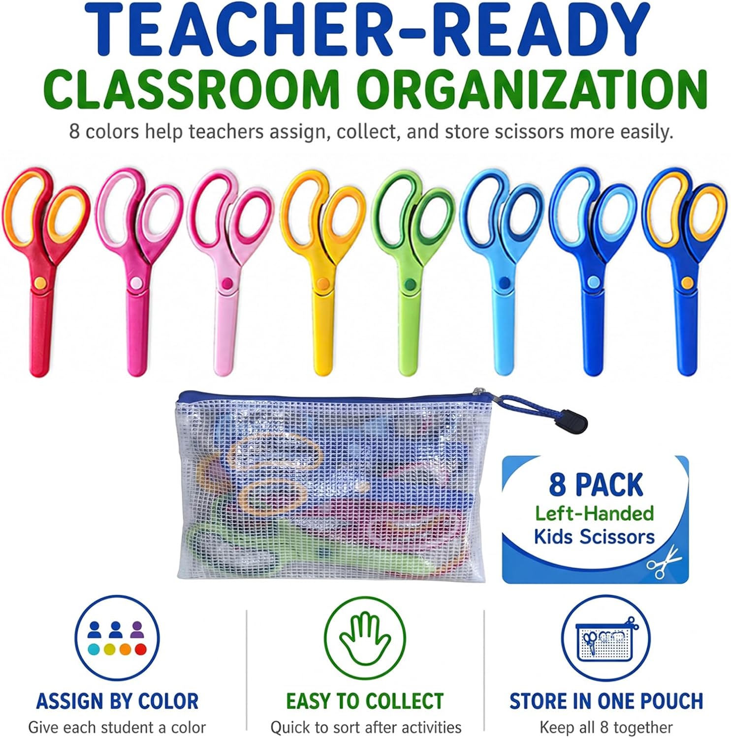 Left-Handed Scissors Kids, 8-Pack Classroom Set for Teachers, Comfort-Grip Handles for Small Hands, 5.7" Blunt-Tip Safety Scissors for School Crafts and Left-Handed Cutting Practice