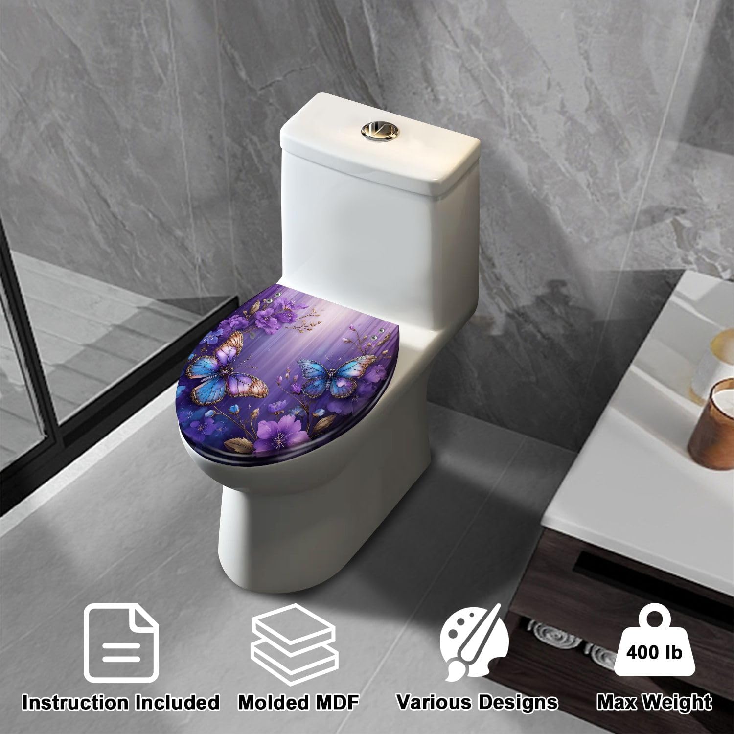 Elongated Toilet Seat Purple Floral Butterfly Modern Elegant Butterflies Purple Flowers Gold Quiet Close Strong Stainless Steel Hinges Resin Toilet Seat Easy to Install Easy to Clean
