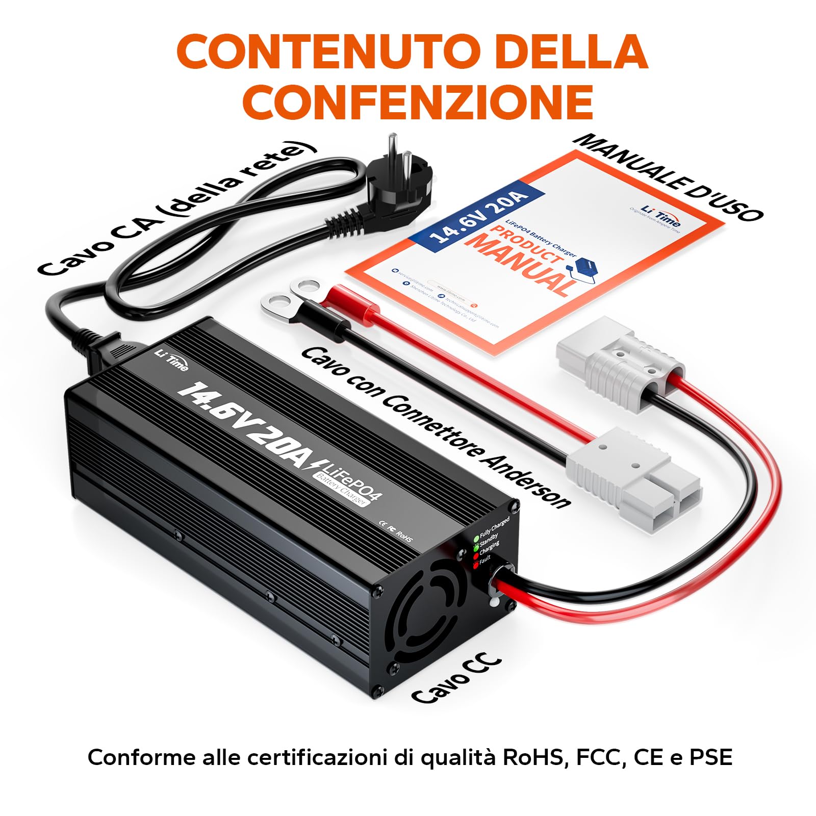 LiTime 12V 20A Caricabatterie per Batterie Litio, 14,6V 20A AC-DC Caricatore con Connettori Anderson e Indicatori LED, Caricabatterie LiFePO4 12V per Camper, Case, Off-Grid e Solari
