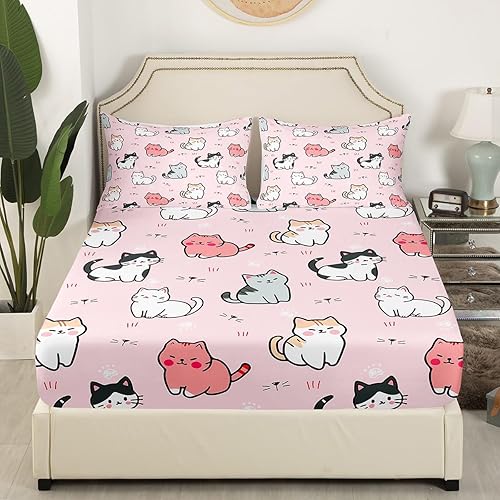Miniatura 3 de Erosebridal - Juego de ropa de cama con impresión de gatos de dibujos animados - Sábanas lindas con estampado de gatitos para niños, tamaño