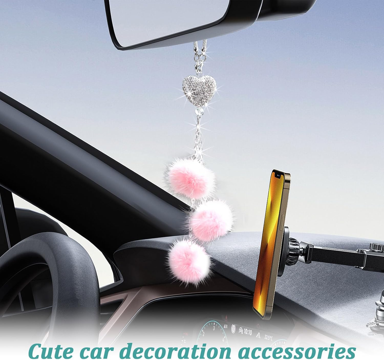Ziciner Bling Diamond Heart Car Interior Accessories, Heart & Pink Plush Ball Decor Ornament Pendant, Hanging Decoration Charm (Pink) image 4 of 5 B0CD6W64HB