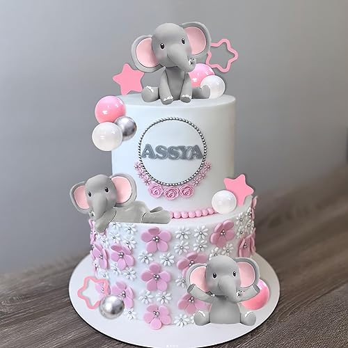 Miniatura 4 de DRWATE 32 piezas de decoración de pastel de elefante con mini elefante, bolas de perlas azules y blancas para baby shower, niña, tema de elefante,