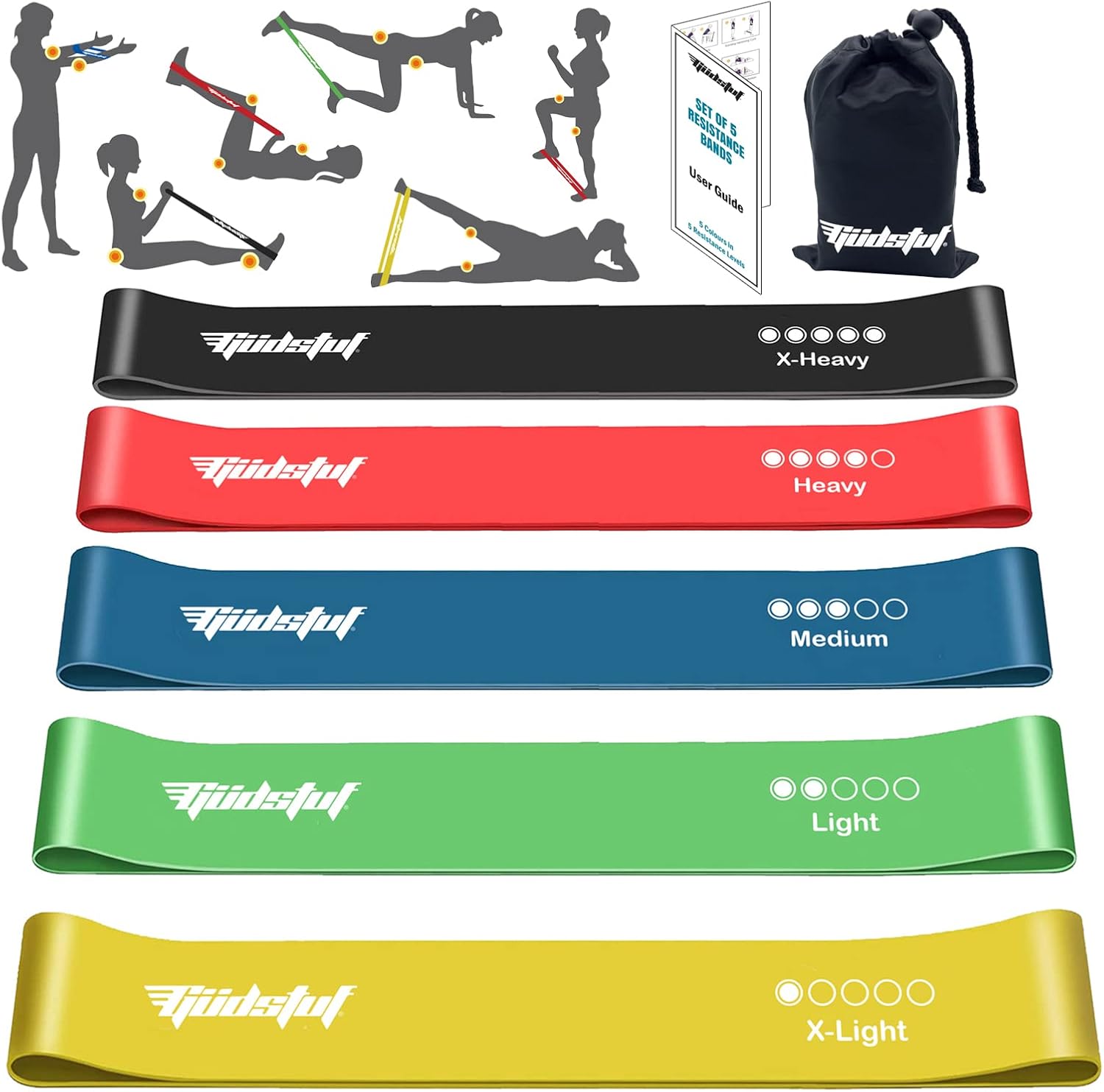 Güdstuf Resistance Bands Set of 5, Natural Latex Loop Bands with Carry Pouch, Non-Slip Exercise Bands for Home Fitness Yoga