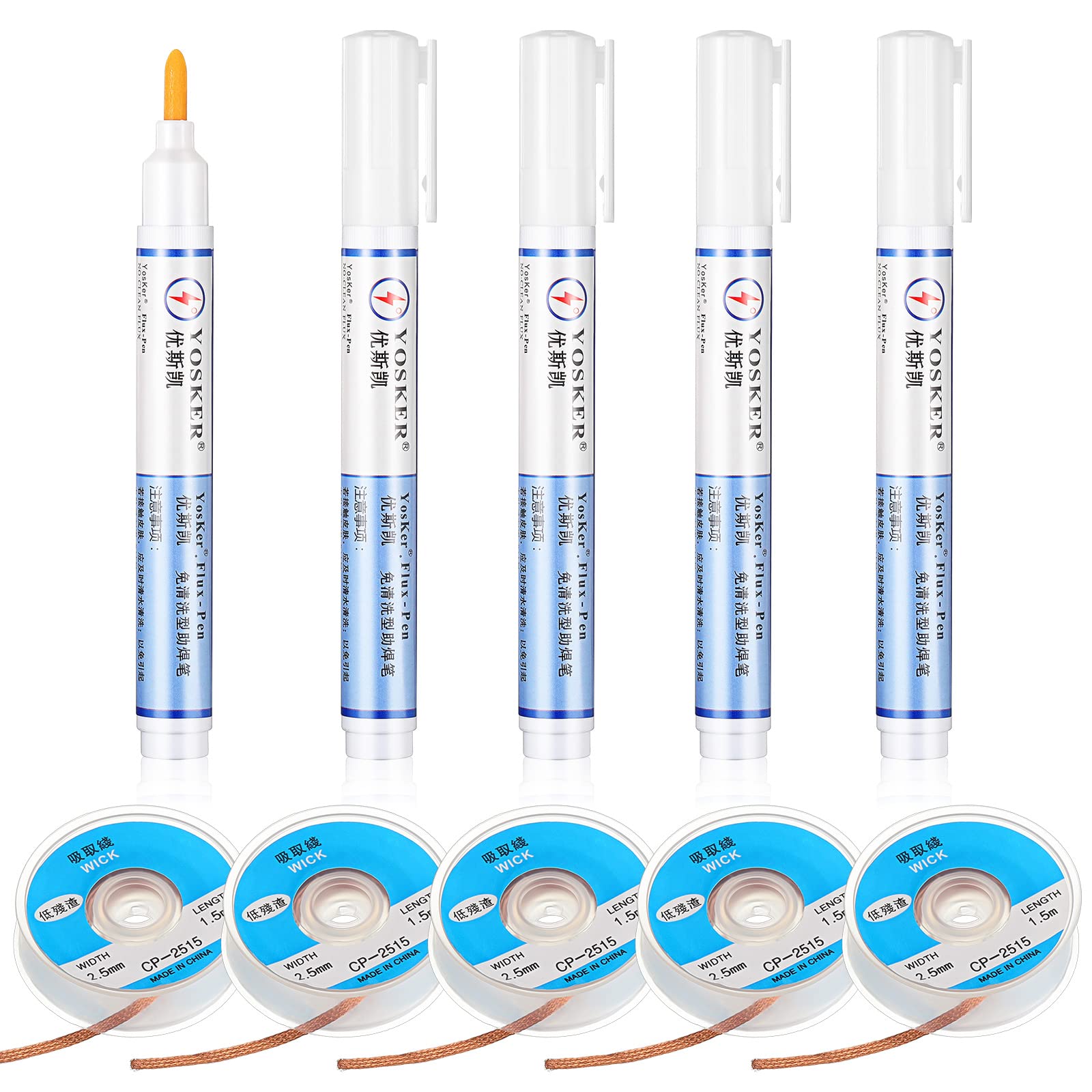 10 Pieces No Clean Soldering Flux Pen and Solder Remover Wick, 0.1 Inch Wide and 59 Inch Long, Solder Braid Wick Liquid Solder Flux Pen for Electronics Welding Repair Tabbing Wire Maintenance