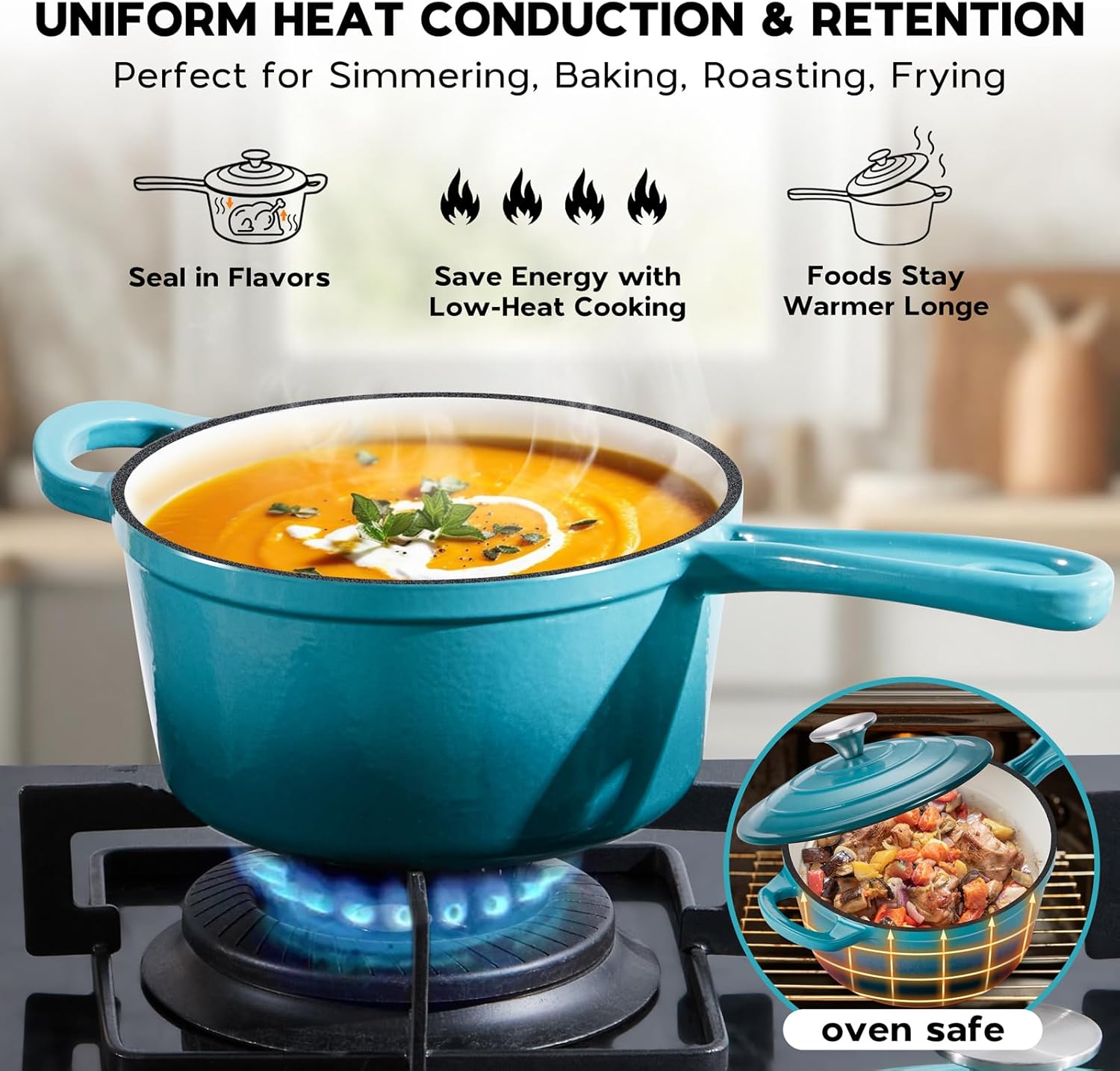 Onader Enameled Small Cast Iron Sauce Pan for Cooking, 2QT Saucepan with Lid, 15pcs Kitchen Cooking Utensils Set with Holder and Stainless Steel Handle – Blue