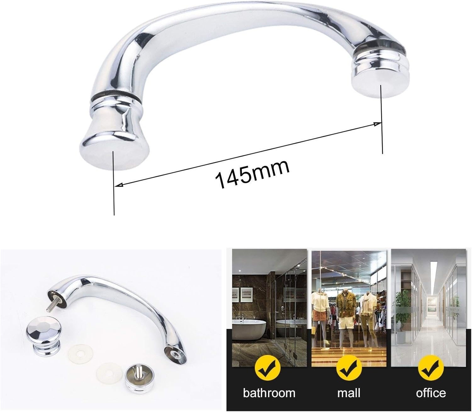 Glass Door and Window Handles Bathroom Shower Single Door Handle for Glass Door, SUS 304 Stainless Steel Shower Door Pull Handle Sets with Trim Washers, Hole to Hole 145mm