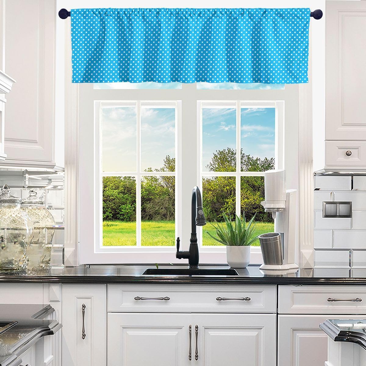 Manfei Polka Dots Valance Curtains Blue White Dot Short Valance Cute Simple Geometric Round Window Curtains for Kitchen Windows Bedroom RV Door, 52" W X 18" L