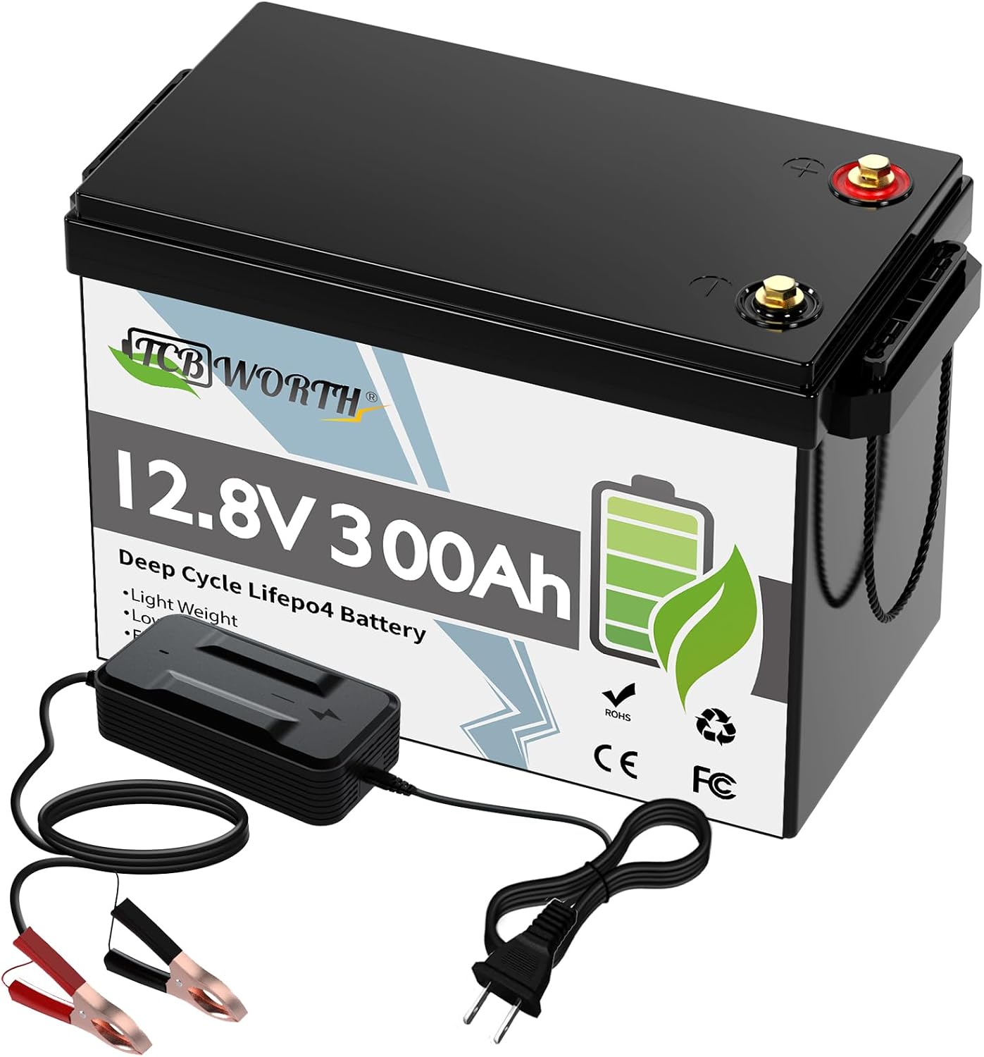 TCBWORTH 12V 300Ah LiFePO4 Battery, Built-in BMS, 3840Wh High Capacity, 3000-7000 Cycles, 10 Years, Over Current Protection, Short Circuit Protection, Emergency Power Source, Fish Detector, Kids Car, Solar System, Camping, Camper, Boat RV Sub-Battery, Off-Grid and More 12V 300AH+ Charger