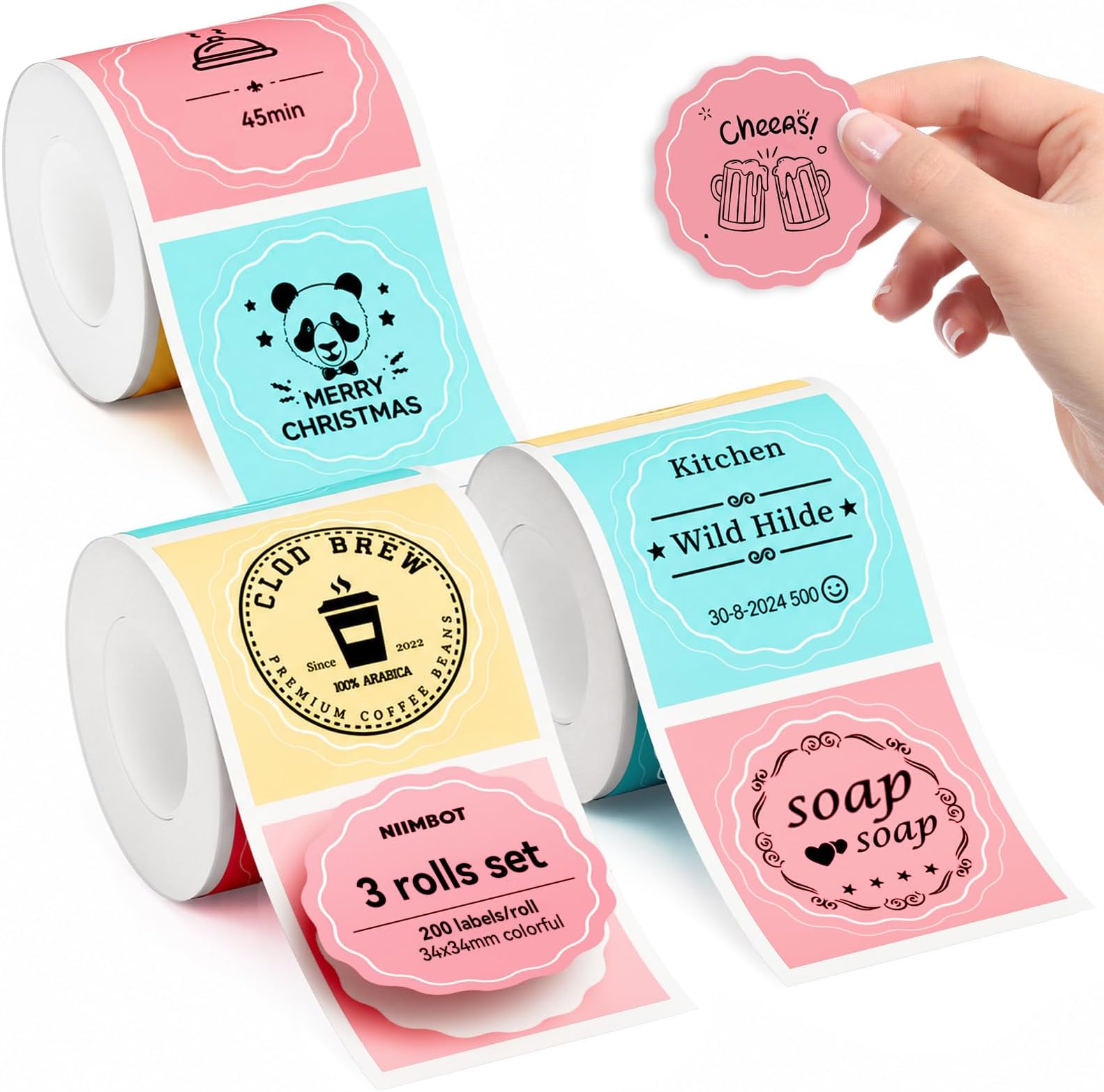 NIIMBOT Labels 3 Rolls Set for B1/B21/B31 Sticker Printer, 34x34mm (1.34'' x 1.34'') 200 Labels/Roll, Refill Labeling Tape for Home School Office Small Business (Colorful)