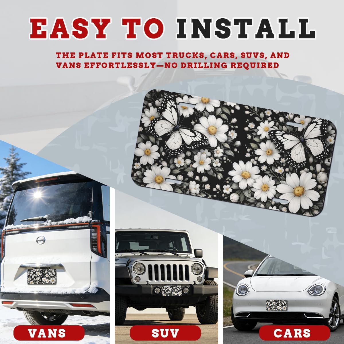 Butterfly Daisy Front License Plate Black Flora White Elegant Garden Aluminum Decorative License Plates Funny Novelty Vanity Tag Cover Car Decor Accessory with 4 Holes for Men Women 12×6 Inch
