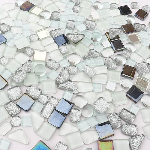 Miniatura 5 de LITMIND Azulejos de mosaico de cristal irregulares de color blanco plateado, paquete de valor de 9 onzas, perfecto para manualidades de arte,