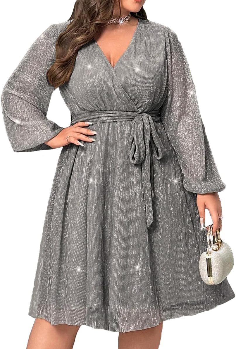 RED DOT BOUTIQUE 876 - Plus Size Elegant Sheer Sleeve Dress with Waist Sparkle Chiffon Mesh Cocktail Dress