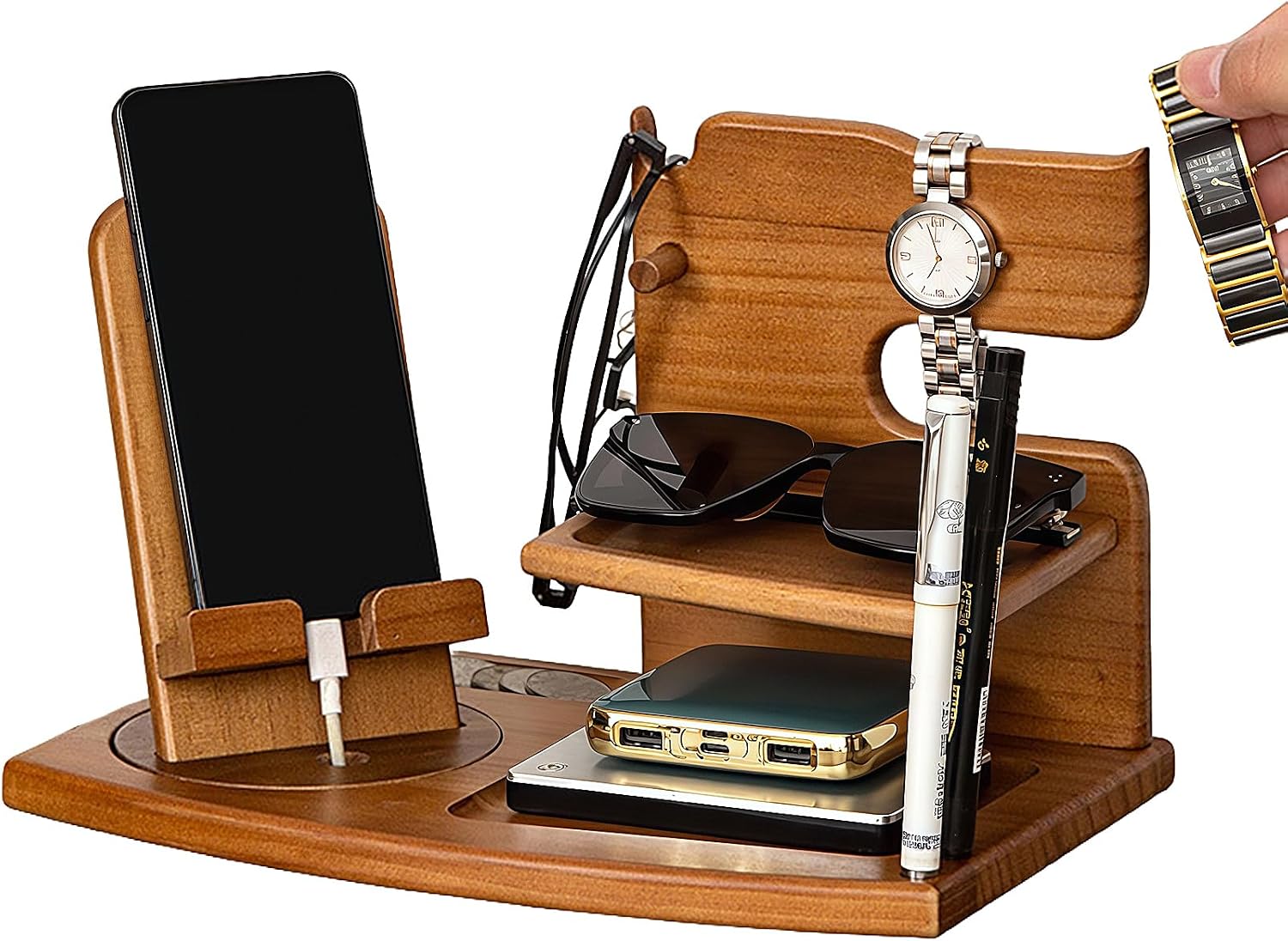 Gifts for Men Wood Phone Docking Station, Desk Organizer with Key & Wallet Holder - Gift for Dad, Boyfriend, Husband on Birthday, Christmas, Anniversary, Fathers Day Natural