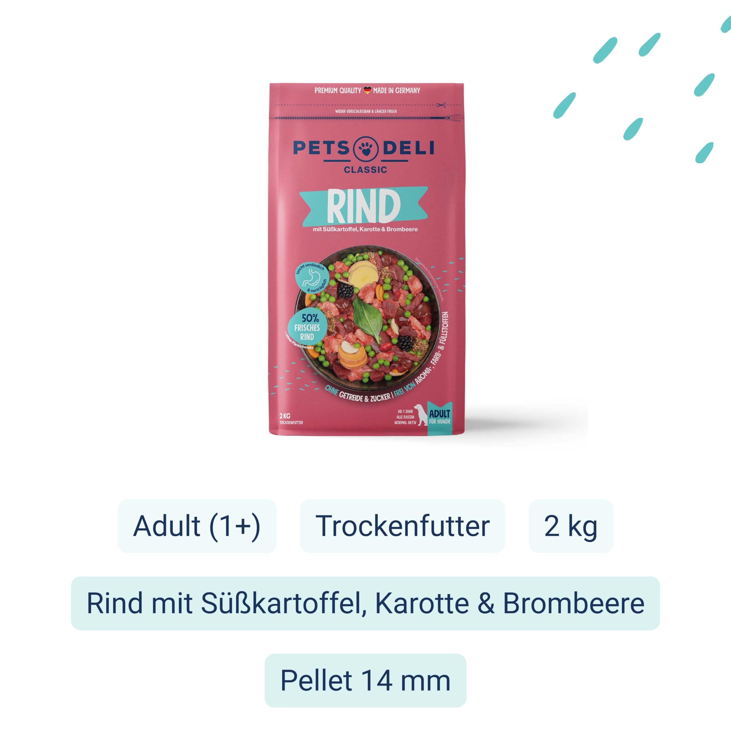 Pets Deli Classic Trockenfutter für Hunde mit Rind & Süßkartoffel, 2kg | Viel frisches Rindfleisch als einzige Proteinquelle, ohne Fleischmehl, getreidefrei, ohne Zucker, Premium Qualität