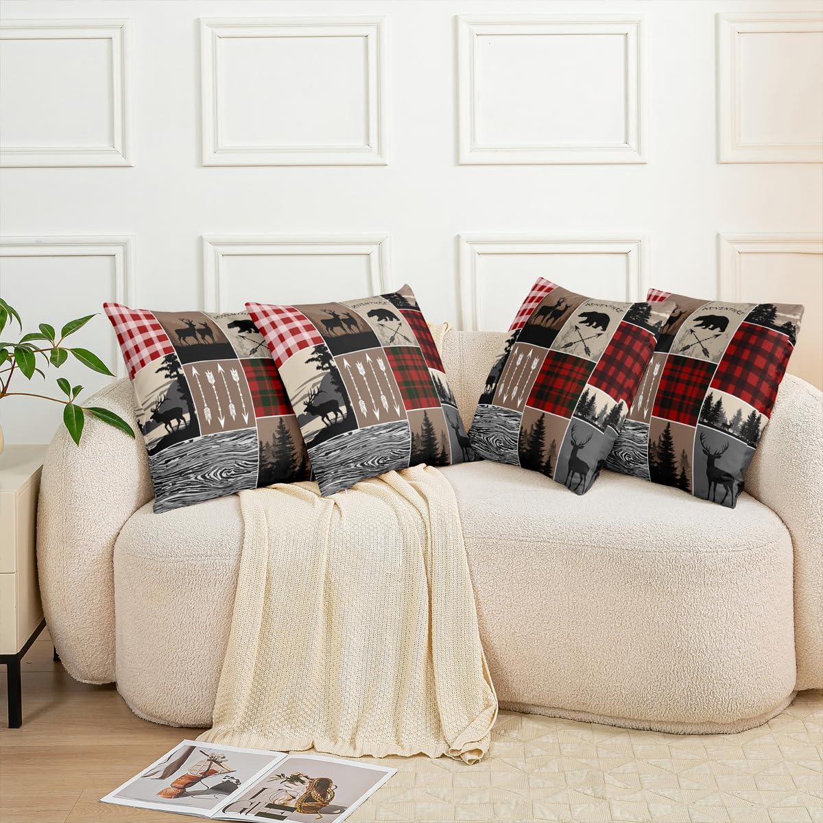 Rustic Farmhouse Decorative Square Pillow Cases, Deer Bears Patchwork Throw Pillow Covers for Home Patio Sofa, Retro Plaid Grid Pillow Covers, Country Bohemian Arrows Cushion Covers, 16x16 Pack of 4