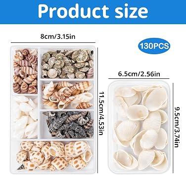 130 Pieces Shells Collection, Mixed Sea Shells and White Shells for Crafting Projects, Natural Cowrie Shells and Hermit Crab Shells with Shell Beads