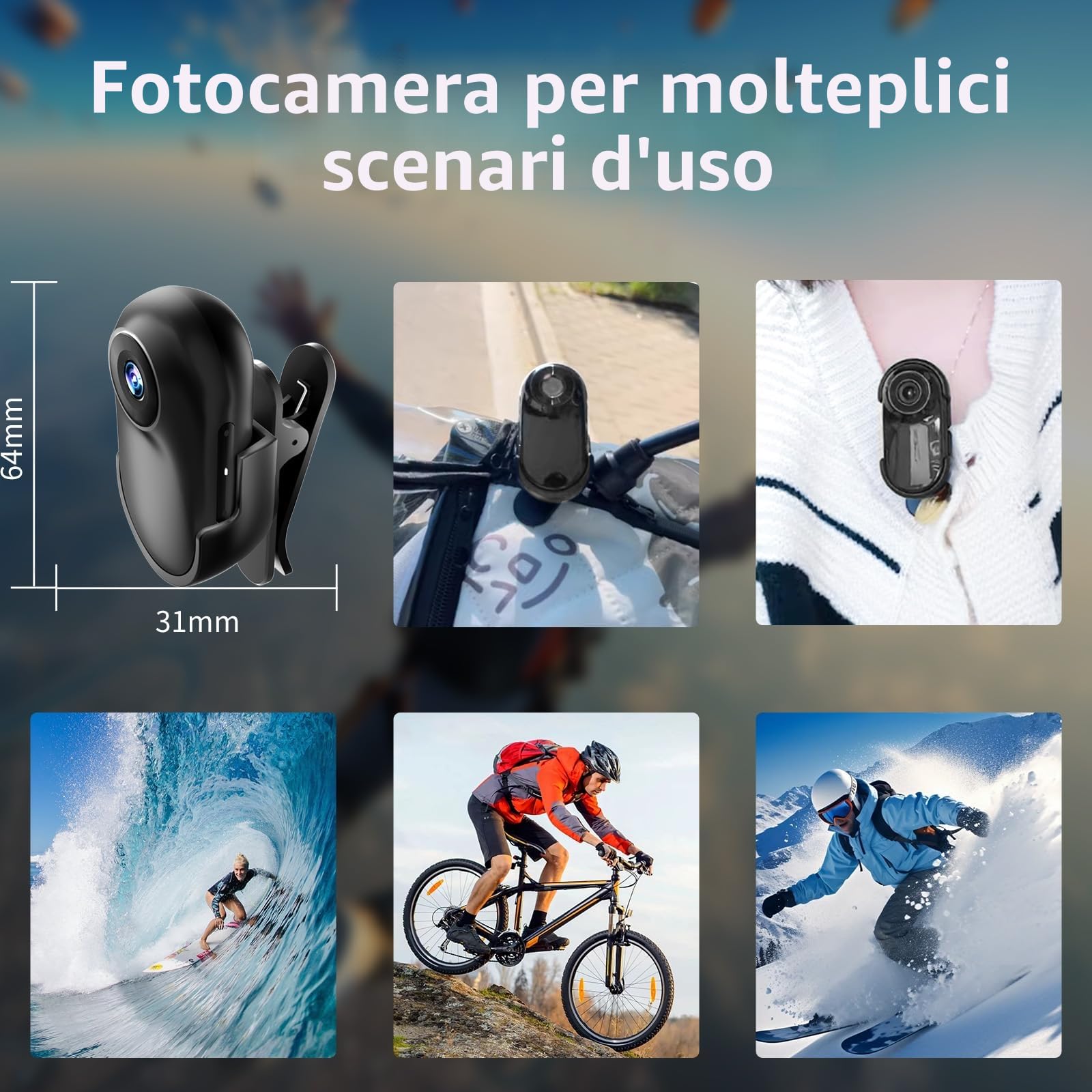 OBEST Action Cam,1080p HD fotocamera subacquea Sportiva 30M/98ft Impermeabile,Mini Action Cam 360° con TF da 128G,Telecamera Moto Portatile,Bodycam,Vlog Camera,Telecamera Casco Moto,Nero (2)
