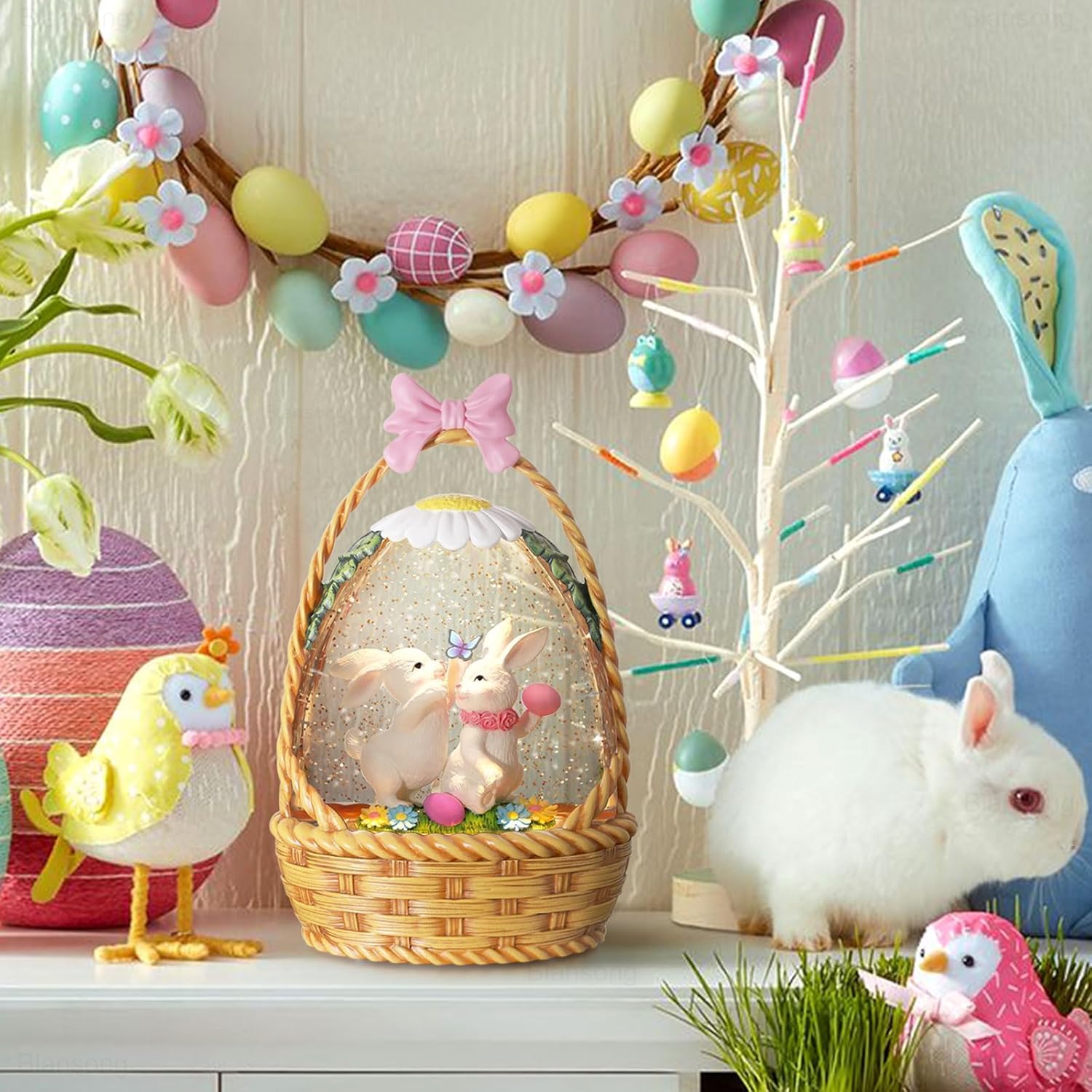 Easter Snow Globe Bunny Snow Globe Basket with Timer, USB and Battery Powered, Easter Decorations for Home Eggs Basket