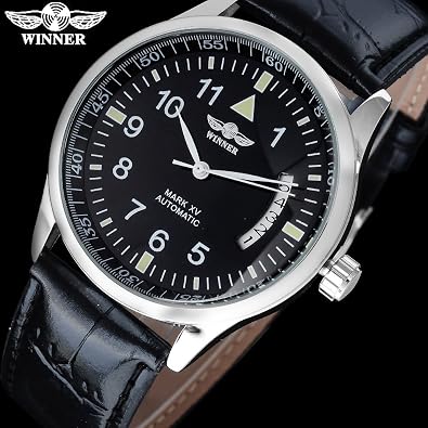 MASTOP Men's Automatic Self Winding Watch Date Black Leather Watch