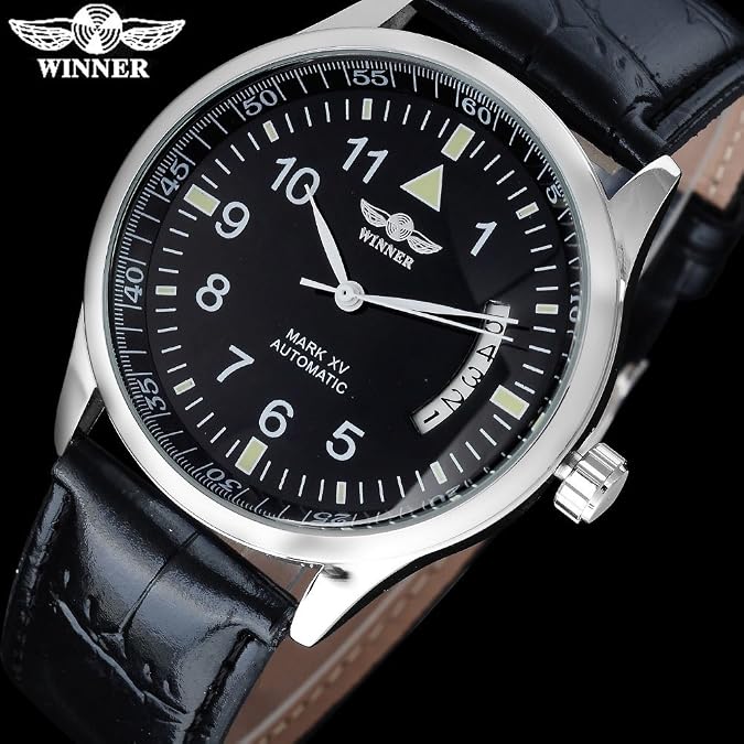 MASTOP Men's Automatic Self Winding Watch Date Black Leather Watch