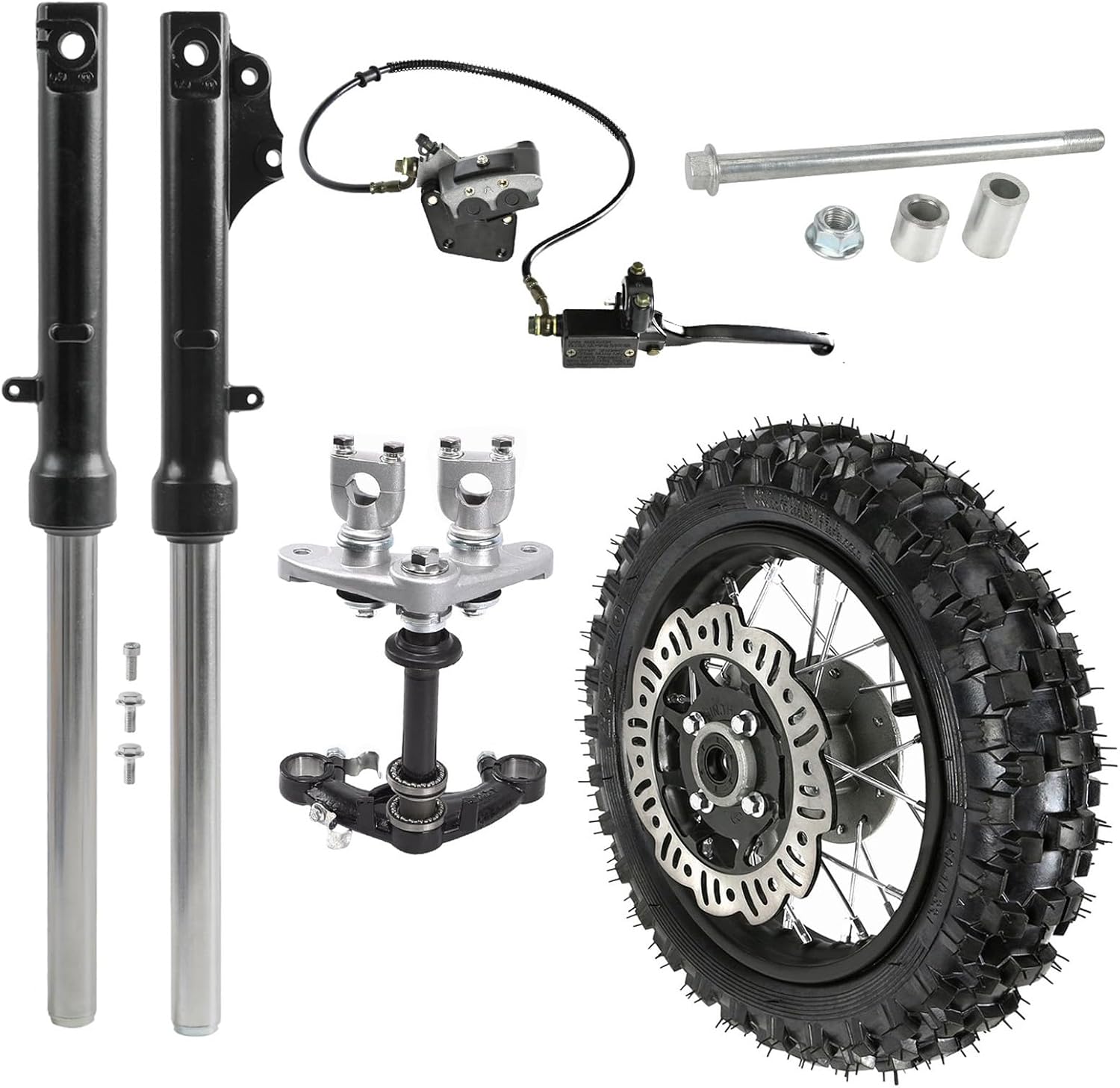 2.50-10 Dirt Bike Tire Rim Front Wheel with 520mm (21") Front Fork and Triple Tree Clamp 12mm Axle for CRF50 XR50 Pocket Mini Pit Bike Offroad Motorcycle Razor Apollo Coolster 50cc -110cc Disc Brake