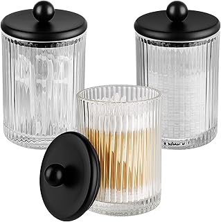 Apothecary Jar Canisters Bathroom Vanity Organizer - Qtip Holder Storage Organizer Countertop -Stainless Steel Lids &Cute Stickers for Qtips,Cotton Swabs,Makeup Sponges,Floss(3 Pack)