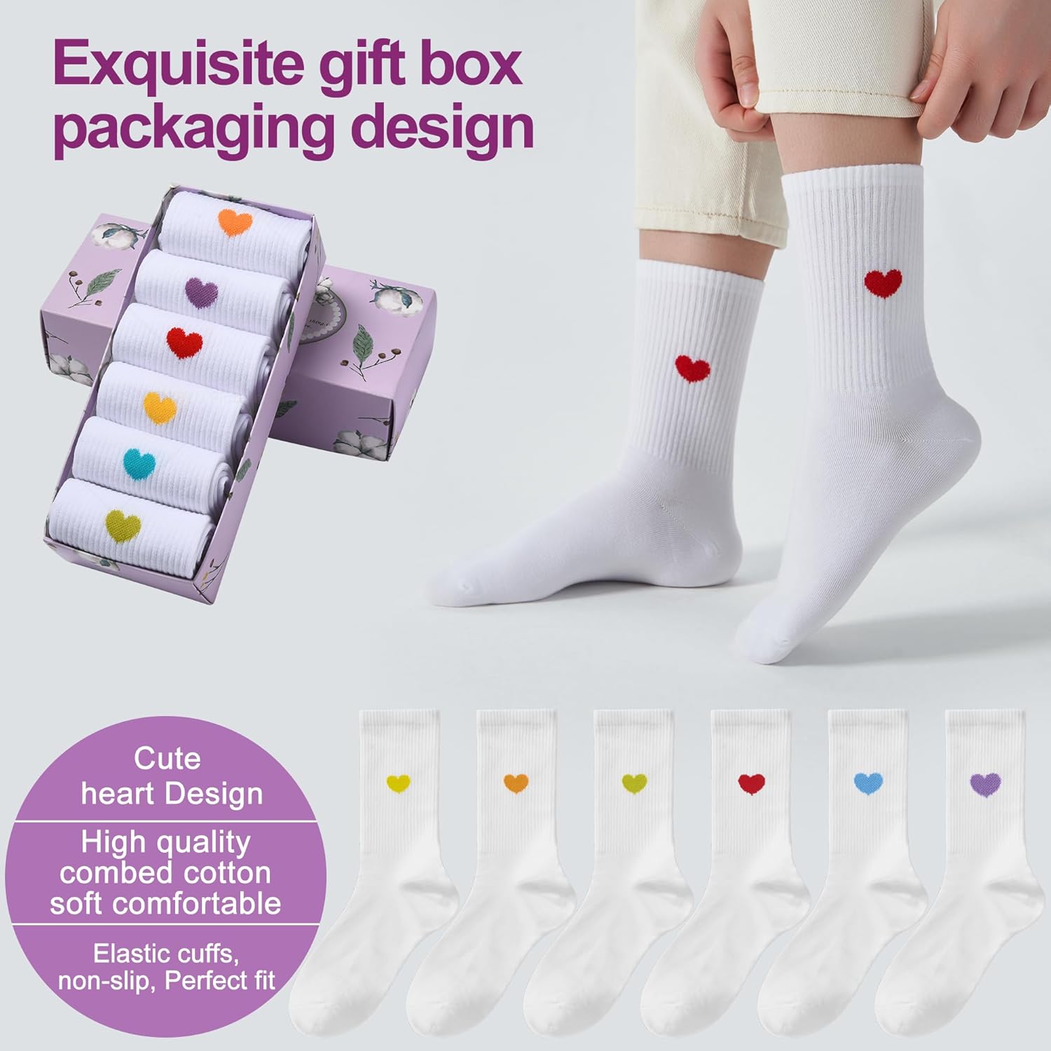 Women's Thin Cotton Crew Socks - 6Pairs Soft Above Ankle Bootie Casual Dress Socks With Novelty Fun Cute Heart - Image 3