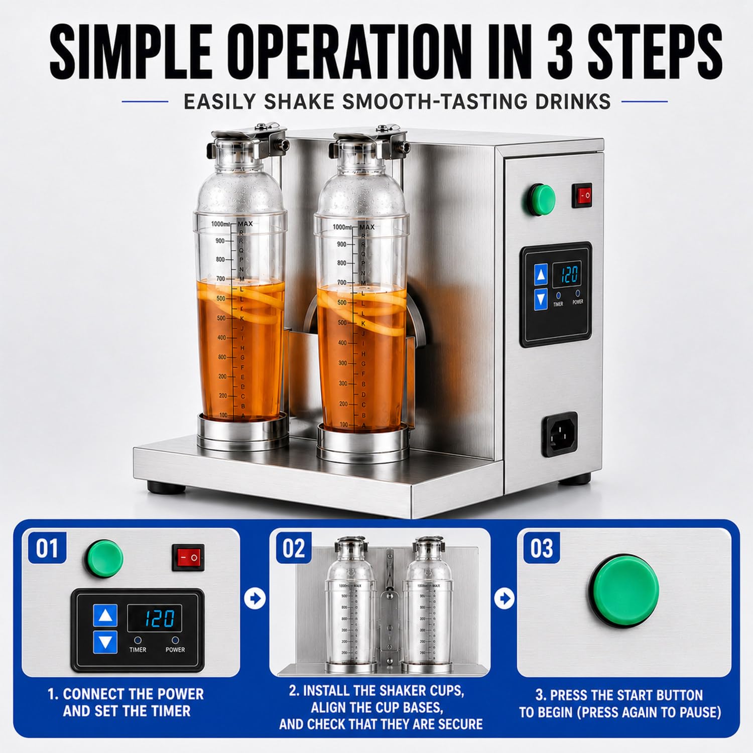 Frullatore Elettrico per Bubble Tea, Agitatore per Milk Tea a Doppio Telaio, Con 2 Bicchieri Agitatore Da 700 Ml, Regolabile 0-120 S, 340 Giri/Min, Per Negozi Di Tè Al Latte, Caffetterie E Cucine