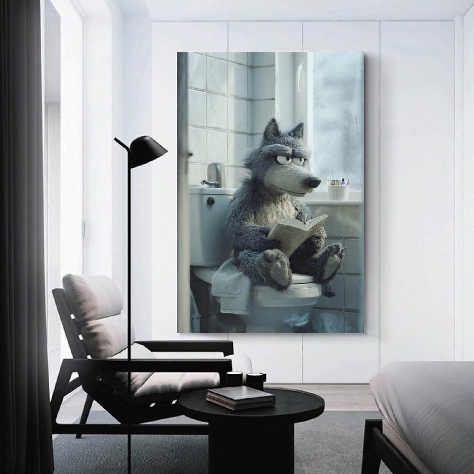 Junmoney Unframe-Style-19-1 Wolf Reading On The Toilet Decorative Wall Artwork, 08X12inch(20X30cm), For Hallway, Lounge Or Guest Room, Decorative Present For New Homes