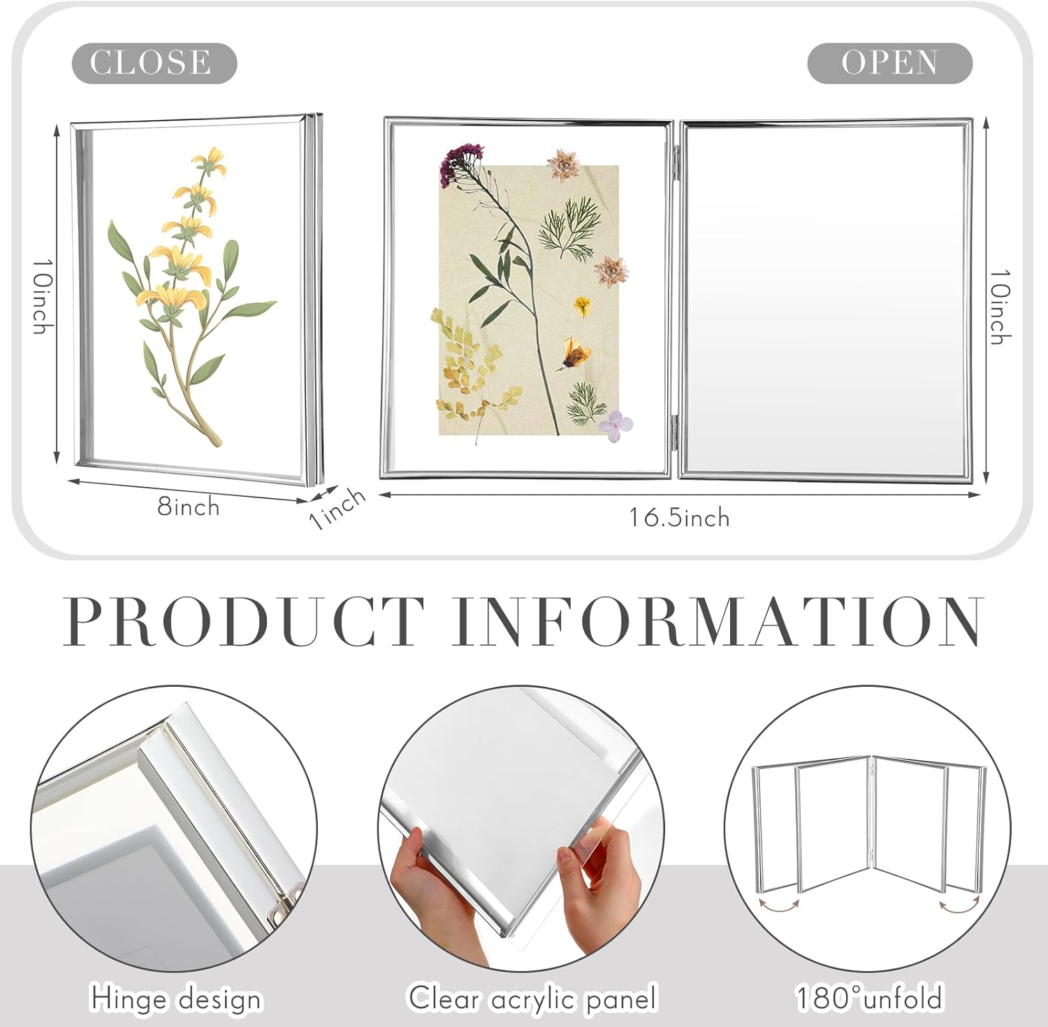 Sintuff 8" x 10'' Brass Double Picture Frame Clear Double Folding Hinged Frame Acrylic Memorial Photos Displayed Stand for Desktop Artwork Plants Specimen Graduation Christmas Gifts(Silver)