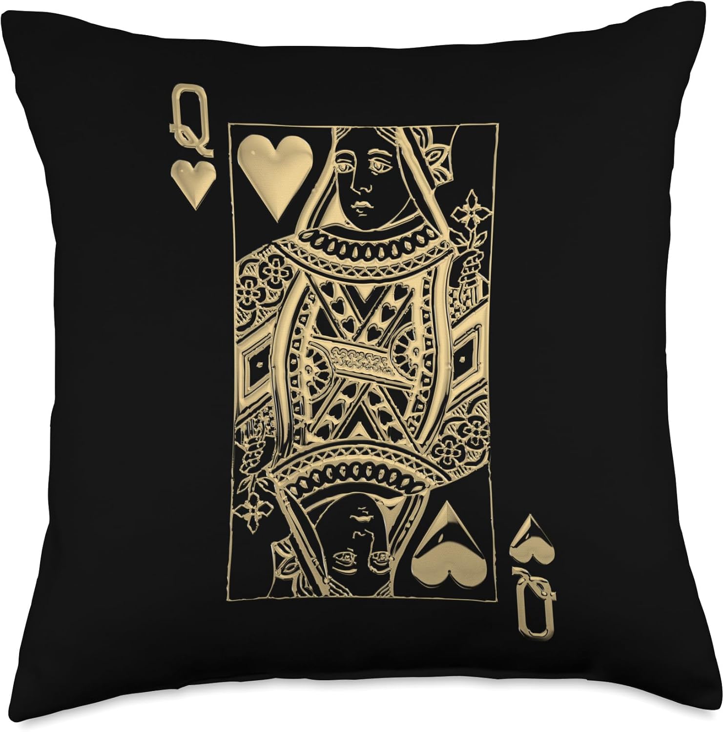 Playing Cards - Royal Flush - Queen of Hearts in Gold Throw Pillow