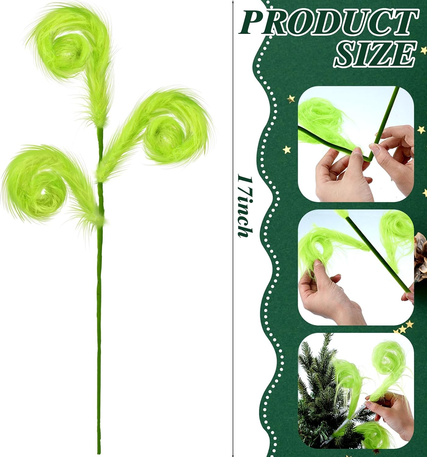 6 Pcs Lime Green Furry Christmas Tree Picks 17 Inch Spiral Curly