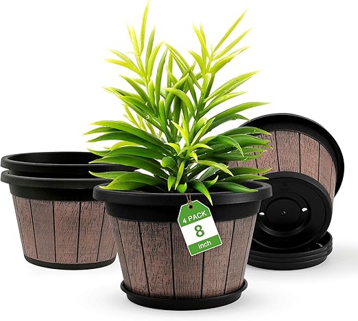 Quarut 4 Pack 8 inch Plant Pot,Upgrade Whiskey Barrel Planters with Drainage Holes & Saucer,Plastic Decoration Flower Pots Retro Design,Planters for Outdoor Indoor Garden Home Plants (Brown)