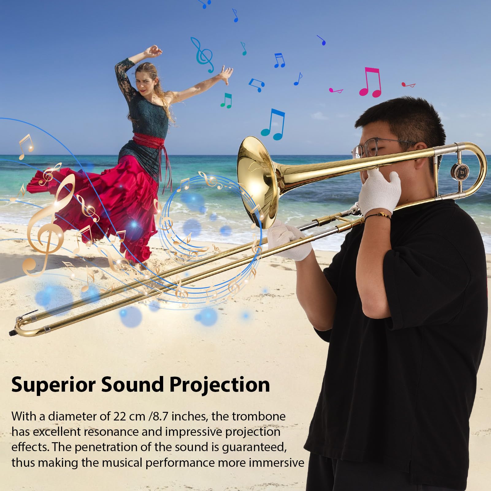 Trombone tenore in SIB per Principianti,Studenti,Strumento Trombone Placcato in Ottone,Trombone tenore a Coulisse in SIB con bocchino,Custodia per Il Trasporto,Guanti Bianchi,Panno per la