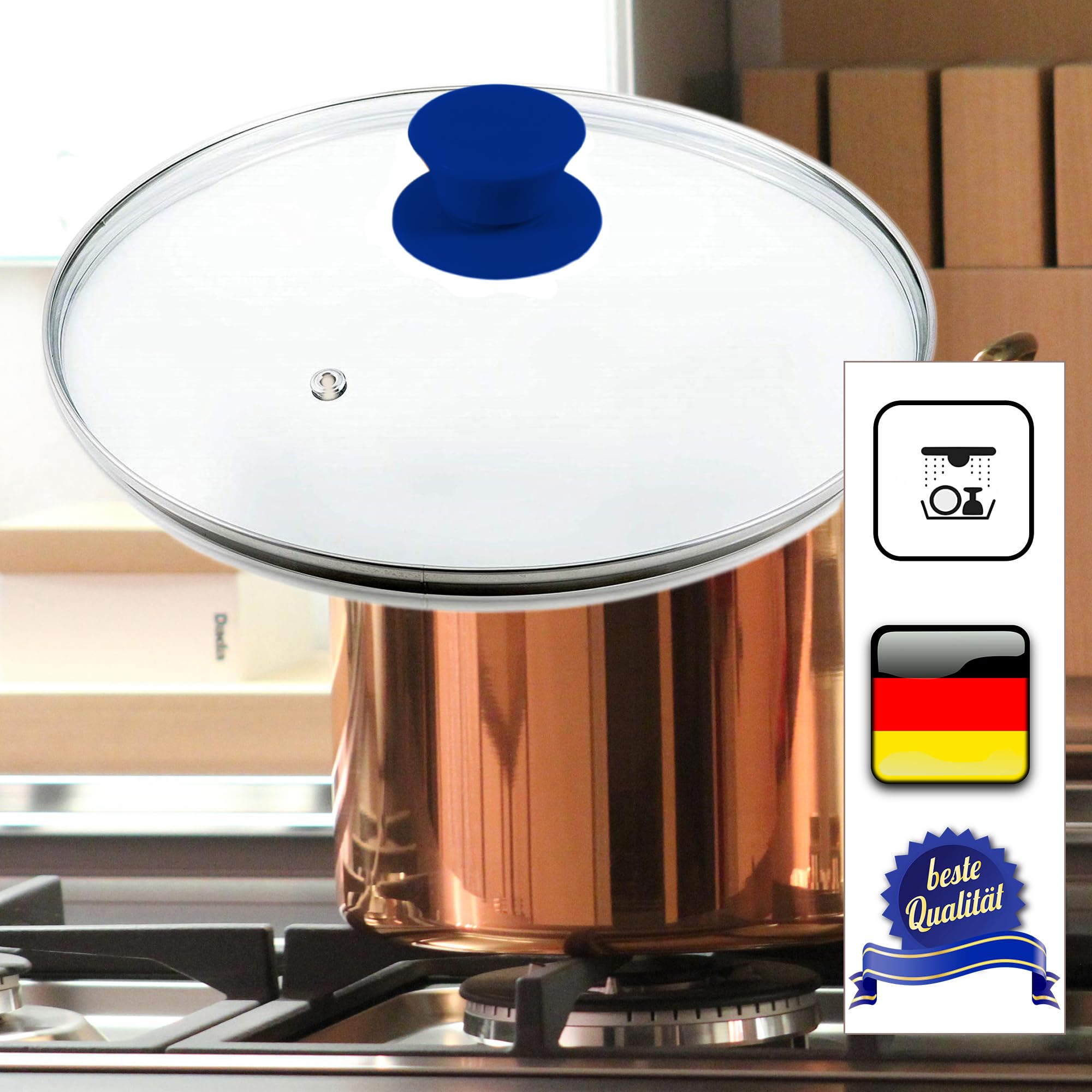 Kerafactum - Couvercle Verre, passe au lave-vaisselle, résistant à la chaleur, couvercle pour casserole et poêle, en qualité trempé verre, trou vapeur, Poignée en acier inoxydable, Transparent, 24 cm