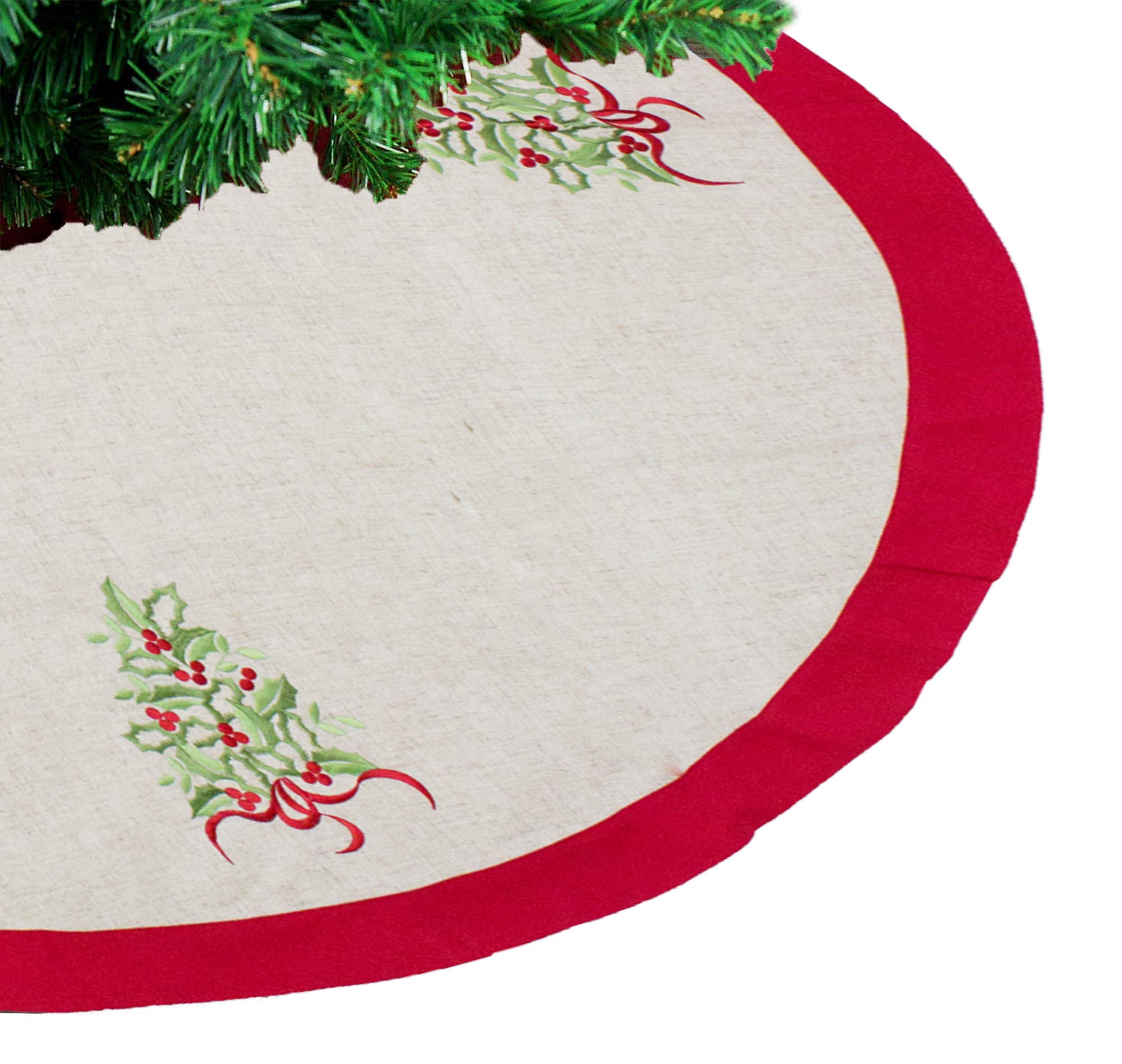 Fennco Styles Embroidered Holly Christmas Tree Holiday Decorative Tree Skirt (Natural+Red Tree Skirt 53")