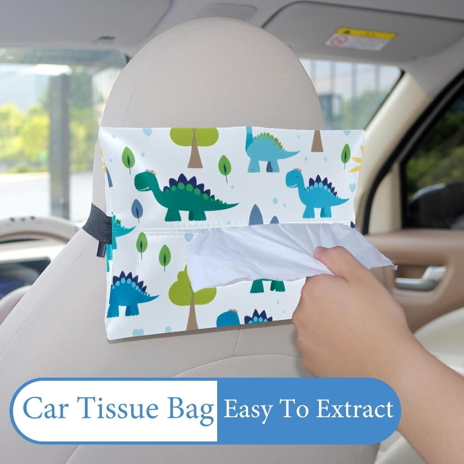 2 Pieces Tissues Purse Pocket Car Tissue Box Holder, Reusable Travel Car Visor Tissue Pouch Zipper Tissue Case for Vehicle Paper Storage (Dinosaurs Trees Blue) image 2