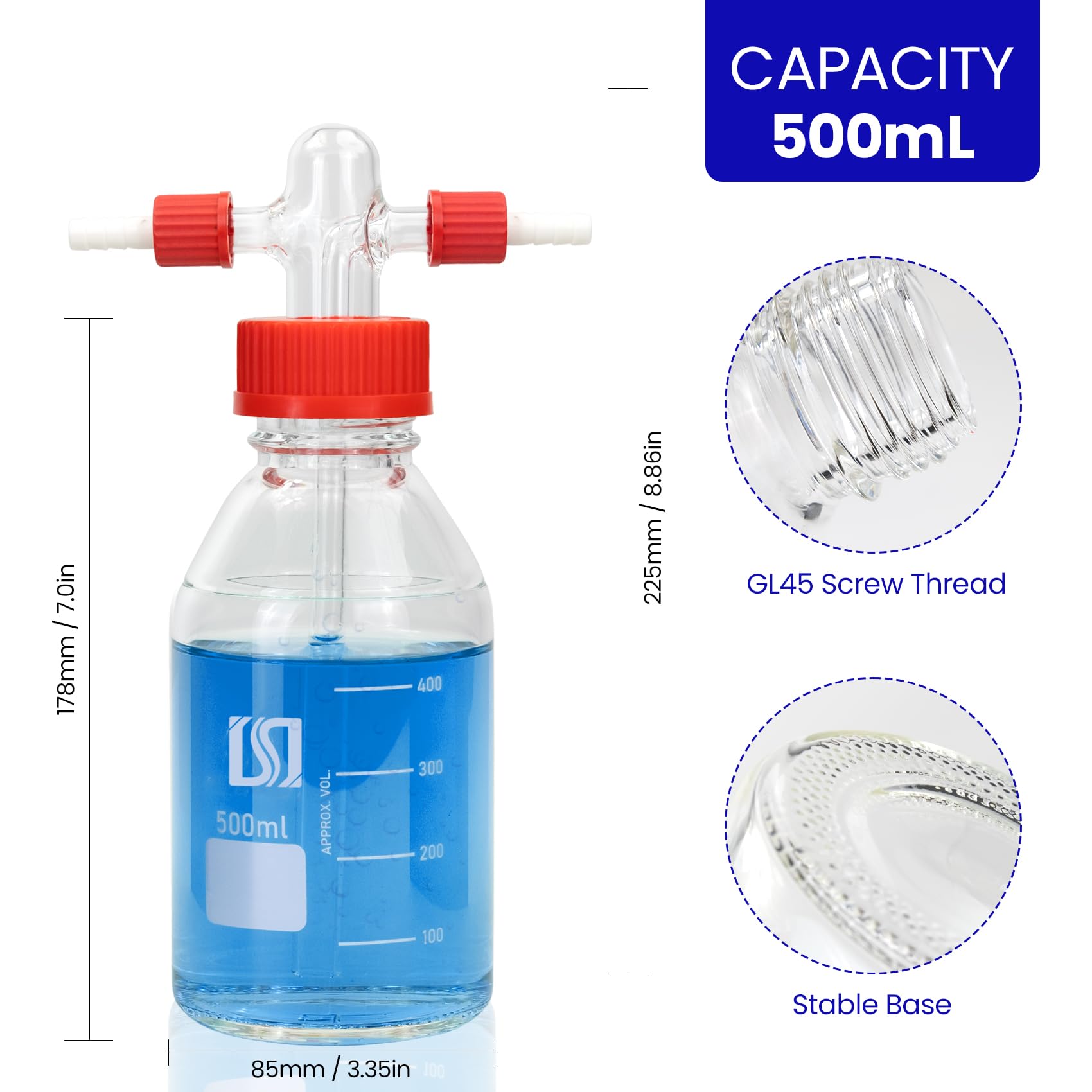 ALWSCI Botella para Lavado de Gases de Laboratorio, 500mL Botella Graduada de Buffer de Borosilicato con Sistema de Tapón de Rosca Rojo de Polipropileno GL45, 1set