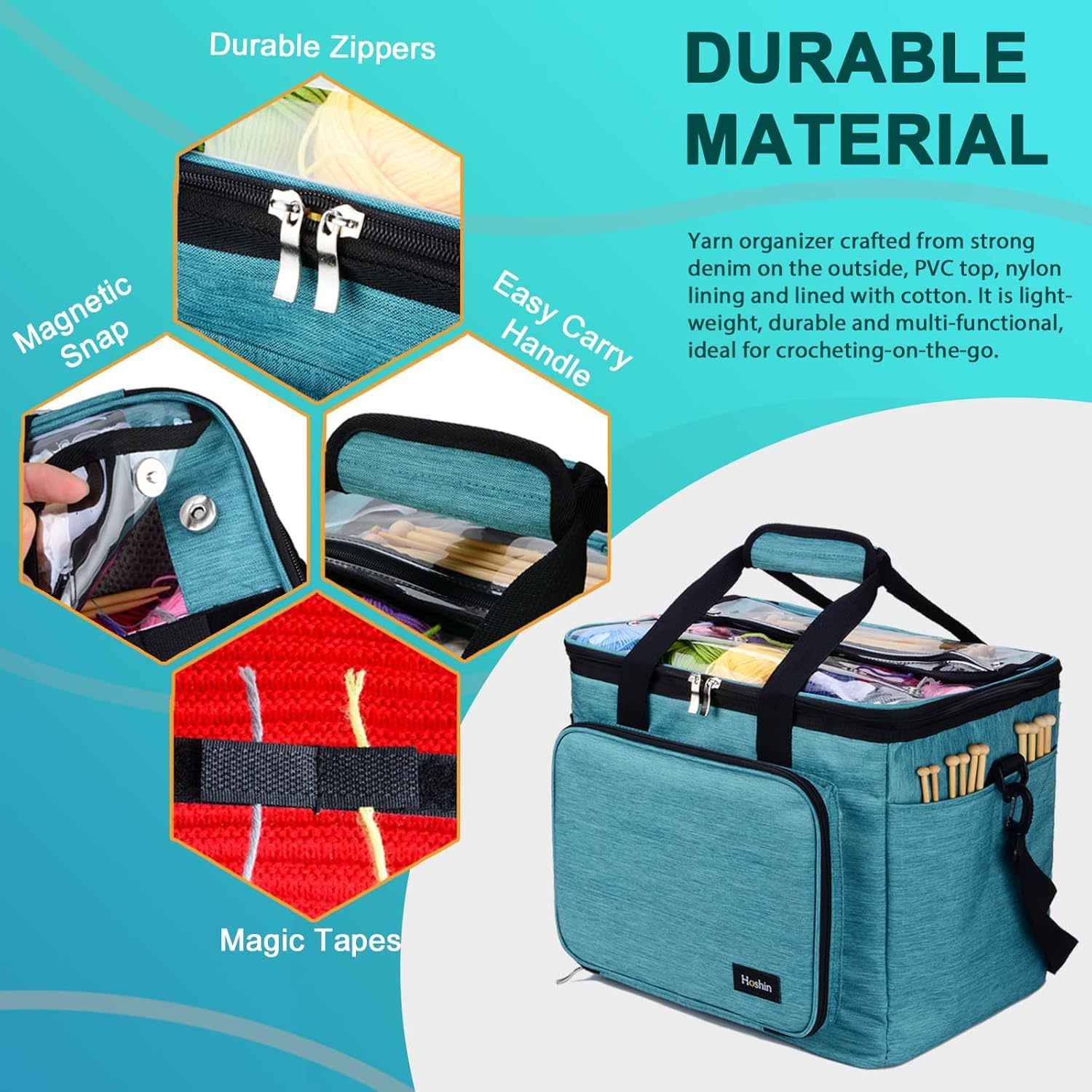 Hoshin Knitting Bag for Yarn Storage, High Capacity Yarn Totes Organizer with Inner Divider Portable for Carrying Project, Knitting Needles(up to 14”), Crochet Hooks, Skeins of Yarn (Green)