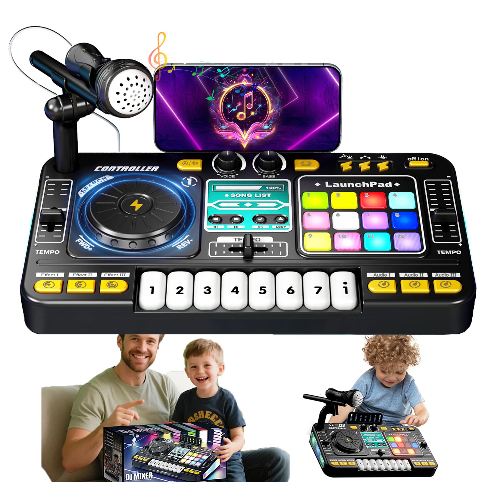 Platine DJ Enfant, Table Mixage Enfant, Table de Mixage DJ Set Jeu, avec Bluetooth, Microphone, Jeux Lumineux, Chargement USB, Convient pour 3 à 10 ans, Jouet pour Fêtes Familiales et Divertissement