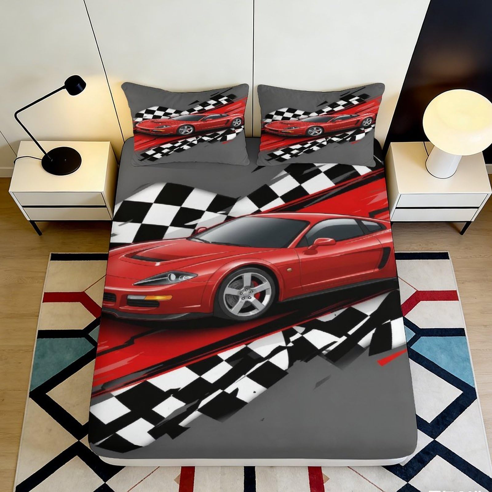 3D Printed Racing Car Fitted Sheet Microfiber Soft Red Sports Bed Cover Checkered Flag Decor for Bedroom Dorm 90x200x25cm