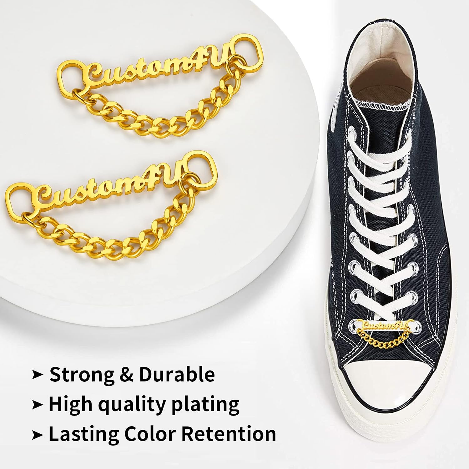 ChainsHouse Personalized 2Pcs Sneaker Shoelace Buckle Stainless Steel/Black/18K Gold Plated Shoe Buckles Shoelace Decoration Nameplate DIY Charms Accessories, Send Gift Box