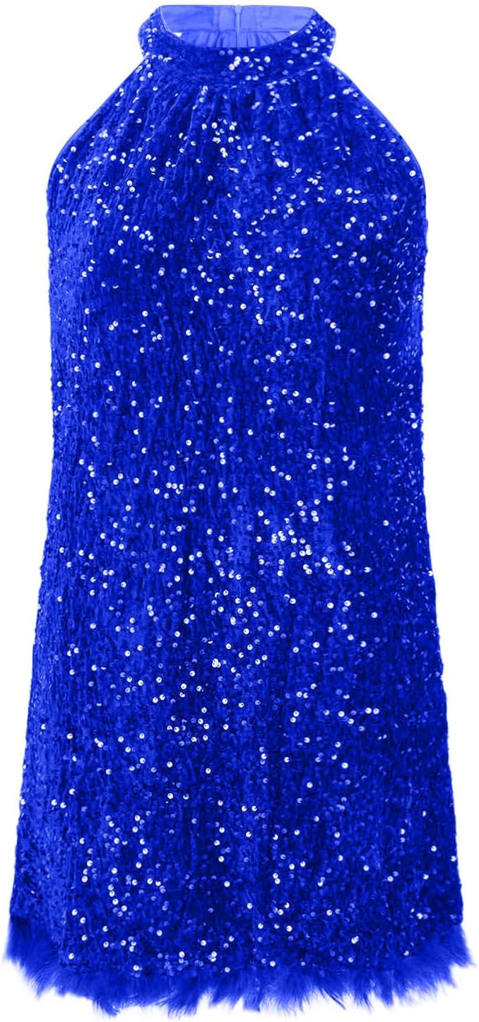Xiaojmake Formal Dresses for Women Fur Hem Sleeveless Halter Neck Midi Dress Sparkly Glitter Sequin Dress Evening Ball Gown