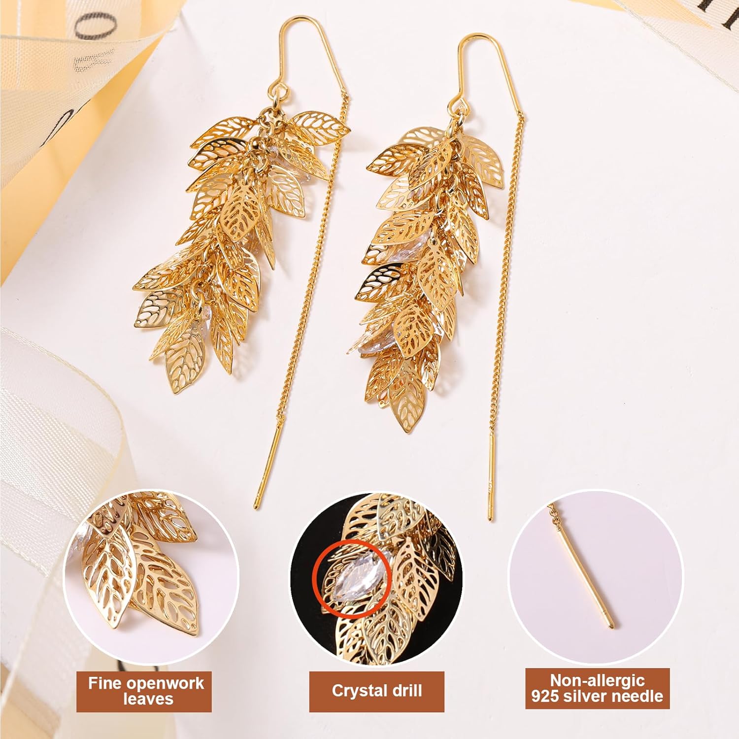 14K Gold Plated Leaf Threader Crystal Earrings for Women, Long Tassel Elegant Dangle Drop Earrings for Weddings, Galas, and Formal Events, Hypoallergenic Lightweight Jewelry Idea Gift - Image 3