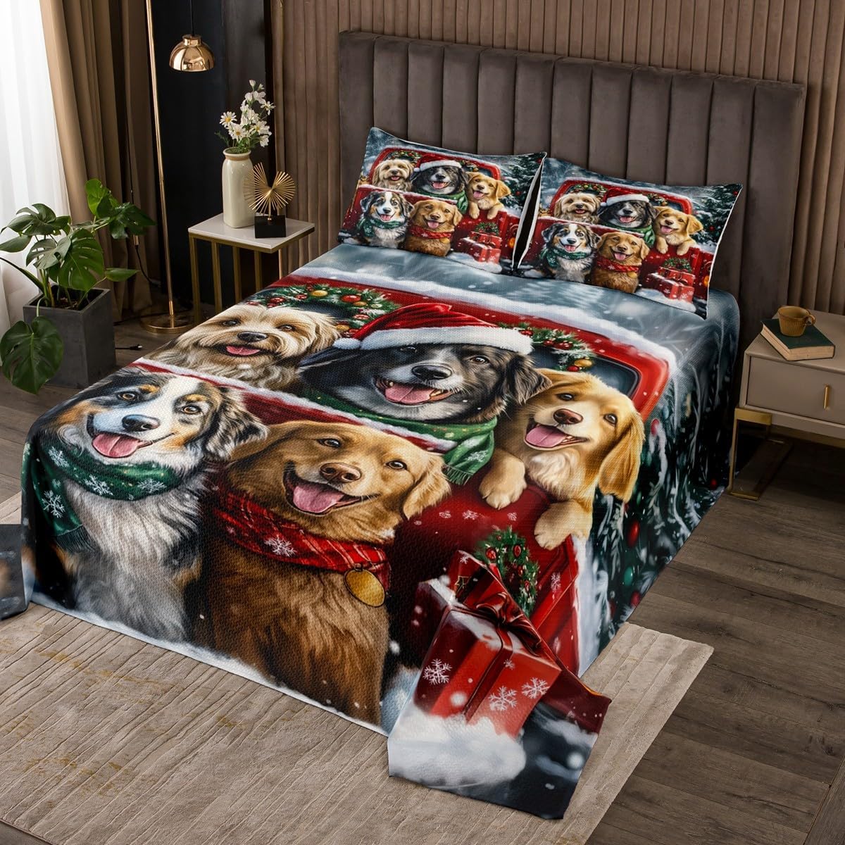 Homewish Christmas Dog Bedspread Queen Size,Vintage Red Truck Quilt Sets 3Pcs for Kids Teens Youth Room Decor,Xmas Pet Animals Bedding Sets Happy New Year Down Comforter,2 Pillowcases