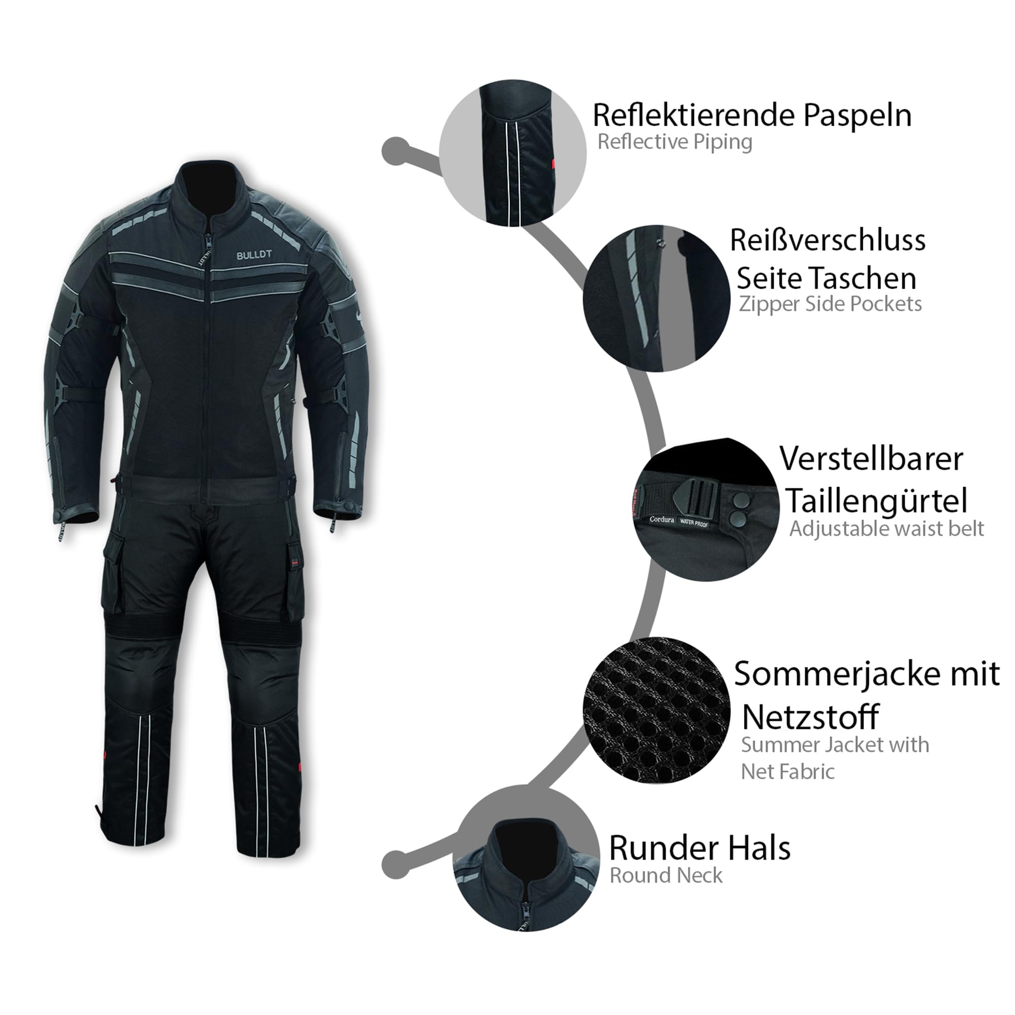 BULLDT 2-teiler Motorradkombi Herren sommer mit abnehmbar CE-Protektoren & Thermofutter - leicht Jacke ATV Quad Scooter mit Tech-Mesh-Netz 360° Sicherheit-Reflektoren & Zipper-Taschen