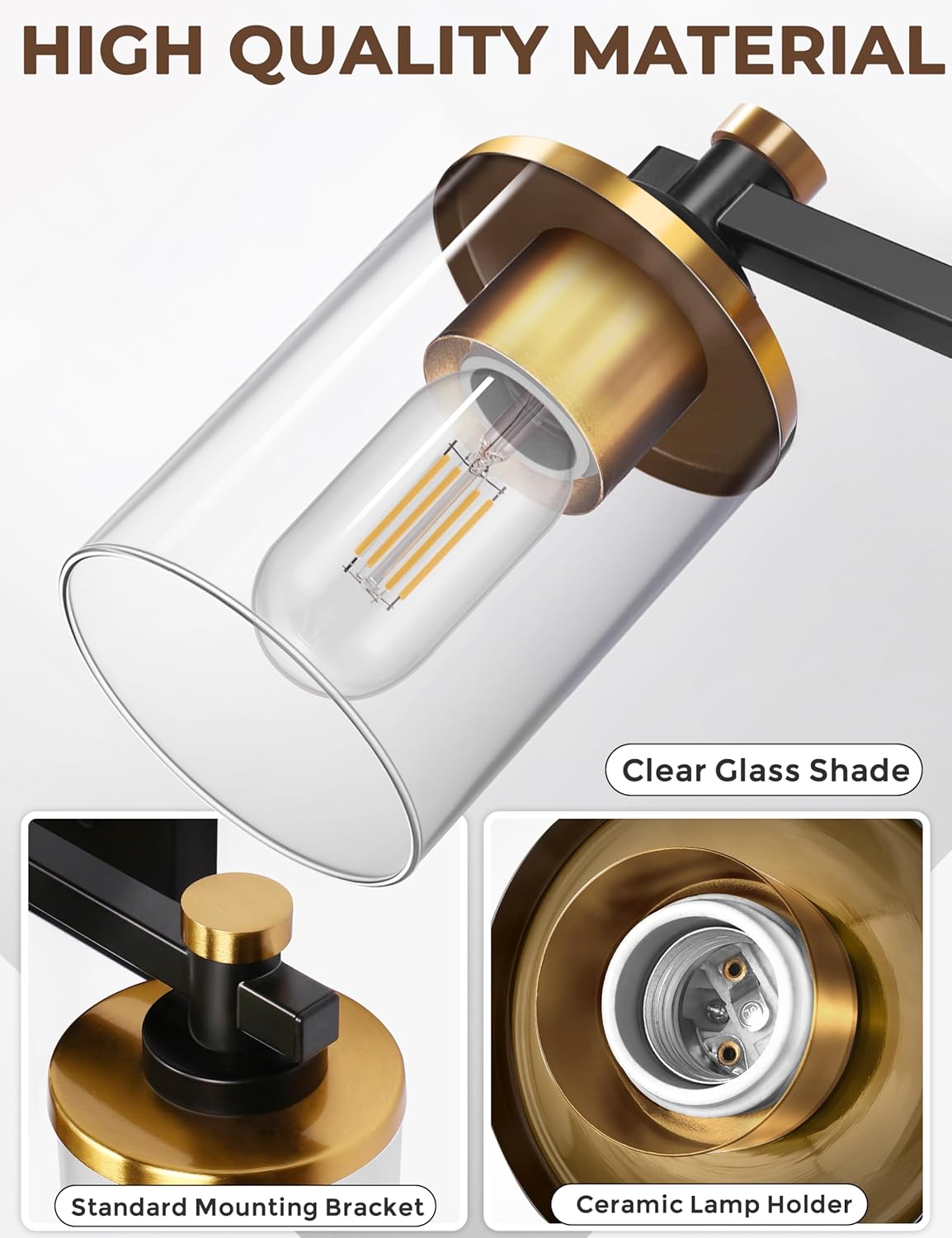 DORESshop 4-Light Black and Gold Bathroom Light Fixtures, Vanity Lights Fixture with Clear Glass Shade, Bathroom Vanity Light for Mirror Kitchen Bedroom, Modern Wall Lights Over Mirror