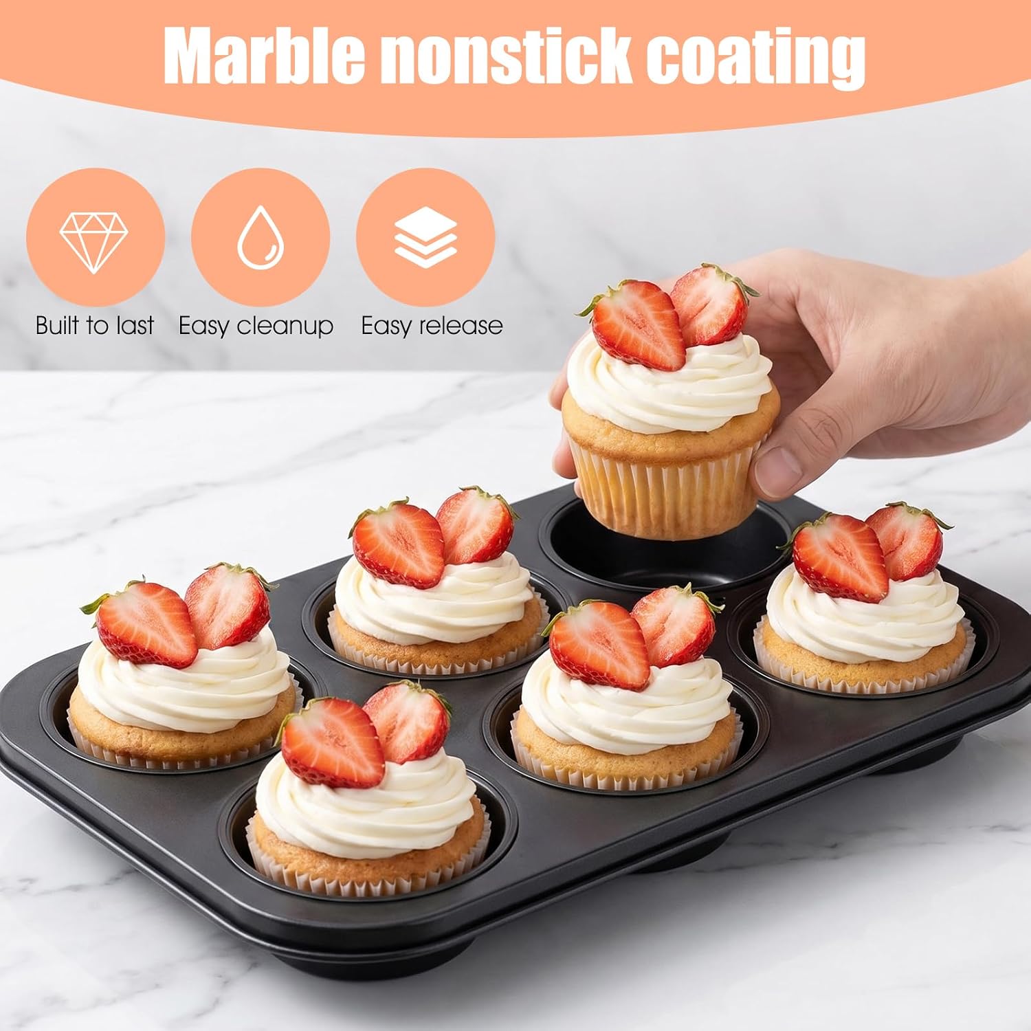 2 Pack Jumbo Muffin Pan, 6 Cup Large Cupcake Pan with 1000 Paper Liners, Heavy Duty Carbon Steel Nonstick Baking Tray for Muffins Cupcakes Frittatas, Black