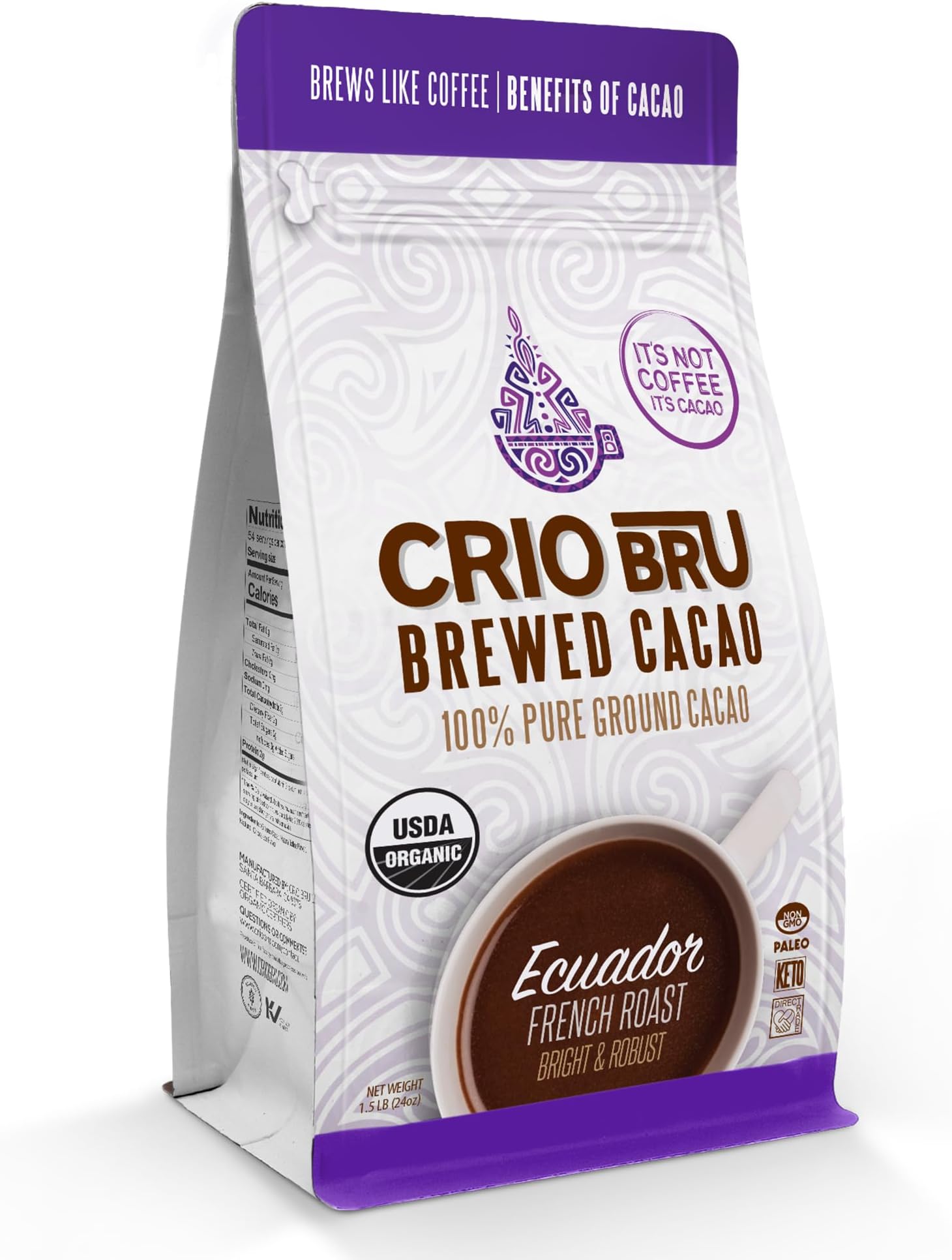 Crio Bru Brewed Cacao Ecuador French Roast Coffee Alternative Natural Healthy Drink | Made with 100% Pure Ground Cacao Beans | 99.99% Caffeine Free, Keto, Low Carb, Paleo, Non-GMO (24 Ounce (Pack of 1), Organic)